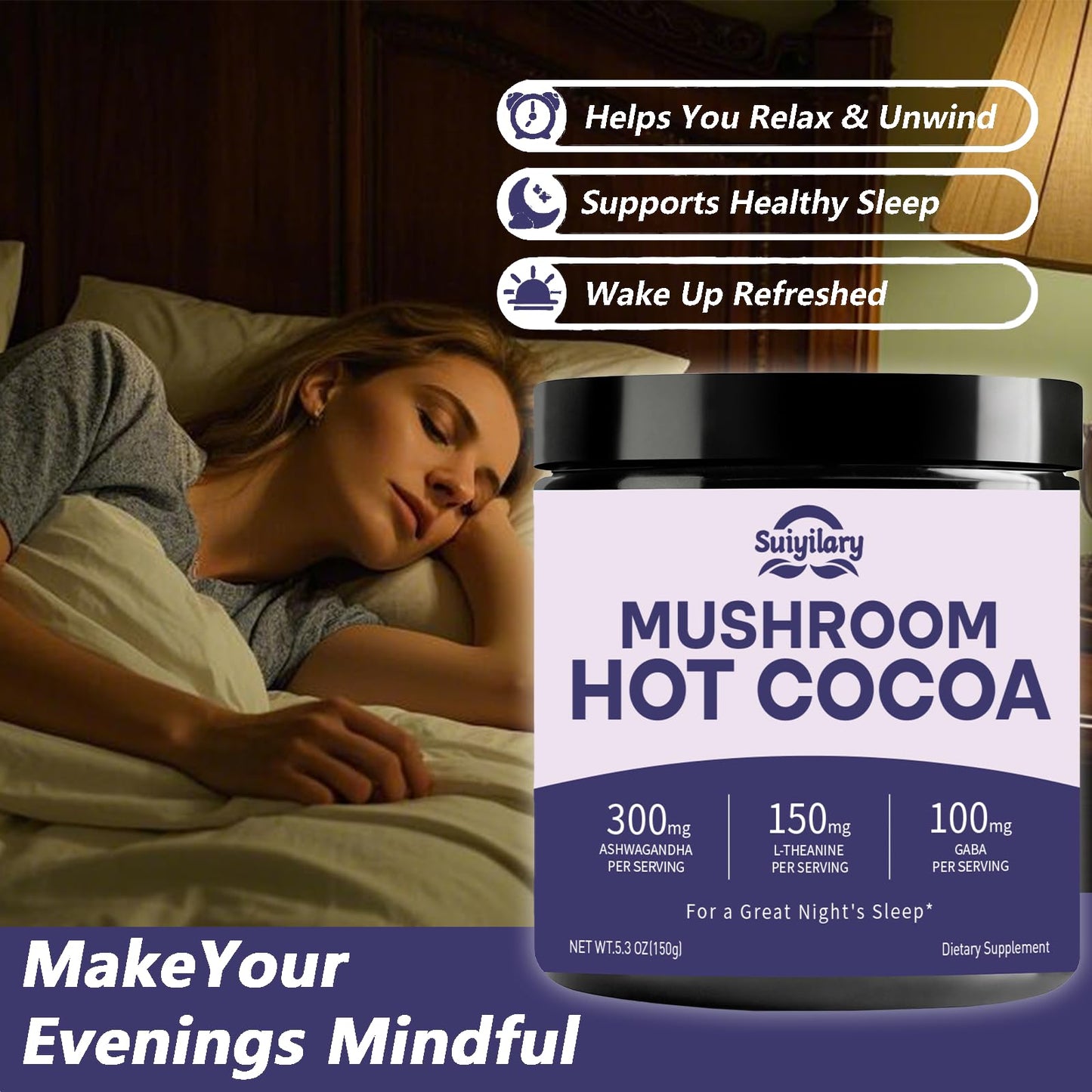 Suiyilary 10 Mushroom Hot Cocoa for Calm Powder 5.3 Ounce