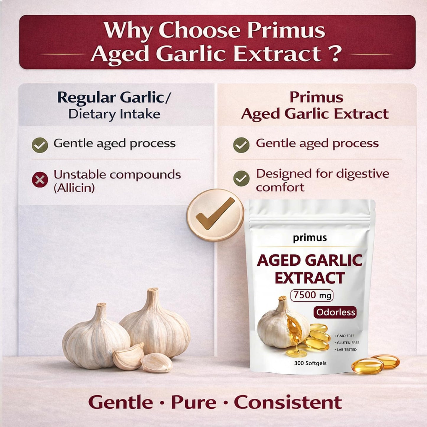 Primus Aged Garlic Odorless Garlic Supplement Capsules, 300 Count