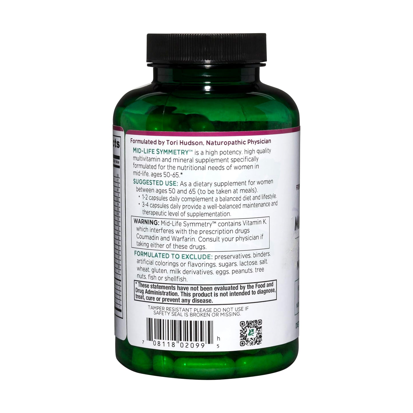 Vitanica Mid-Life Symmetry, 50-65 High Potency Multivitamin and Mineral, Vegan Capsules, 180 Count