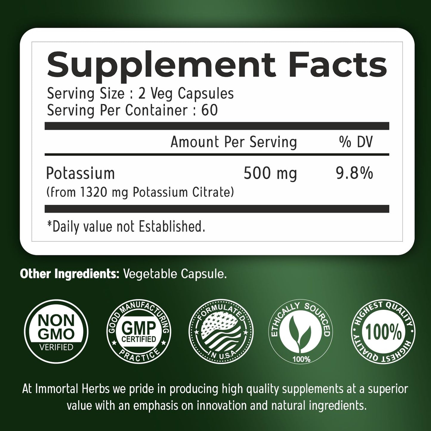Immortal Herbs Potassium Citrate Supplement Capsule 120 Capsules