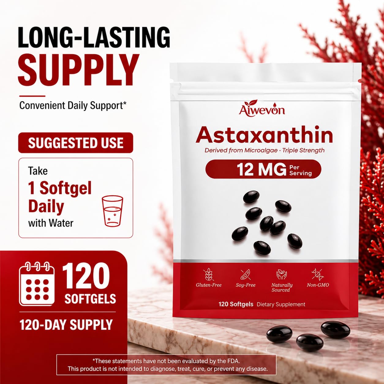 Aiwevon Astaxanthin Supplement 12mg Softgels, 120 Count