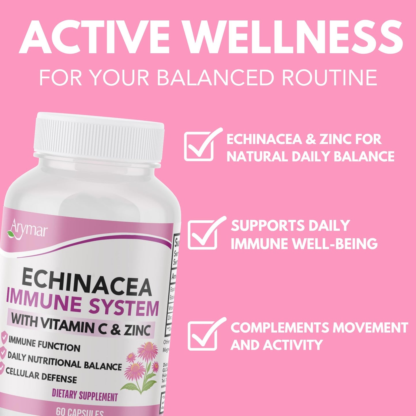 Arymar Echinacea 1000 mg with Vitamin C Capsules, 60 Count