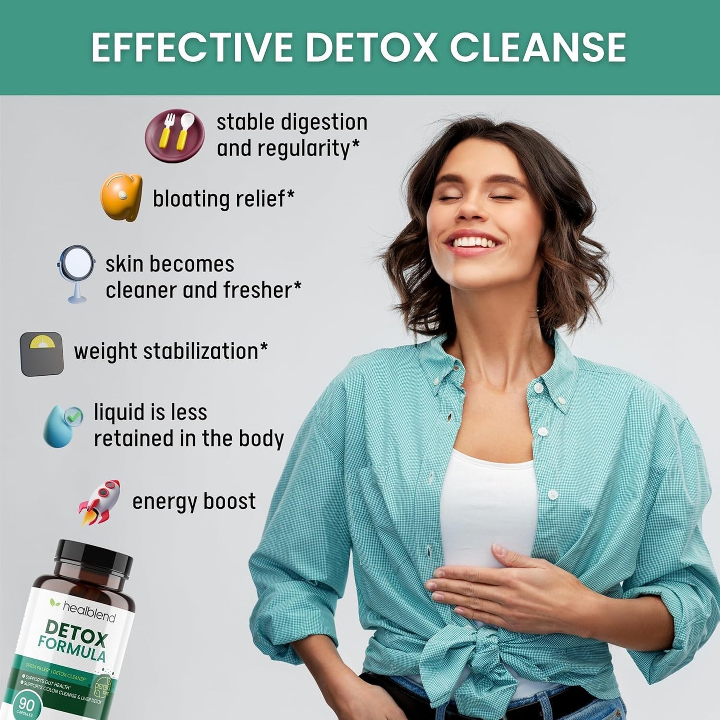 Healblend Detox Formula - Body Cleanse & Digestive Support with Milk Thistle, Bentonite Clay - Promotes Liver Health, Reduces Bloating, Boosts Immunity & Energy, 90 Capsules