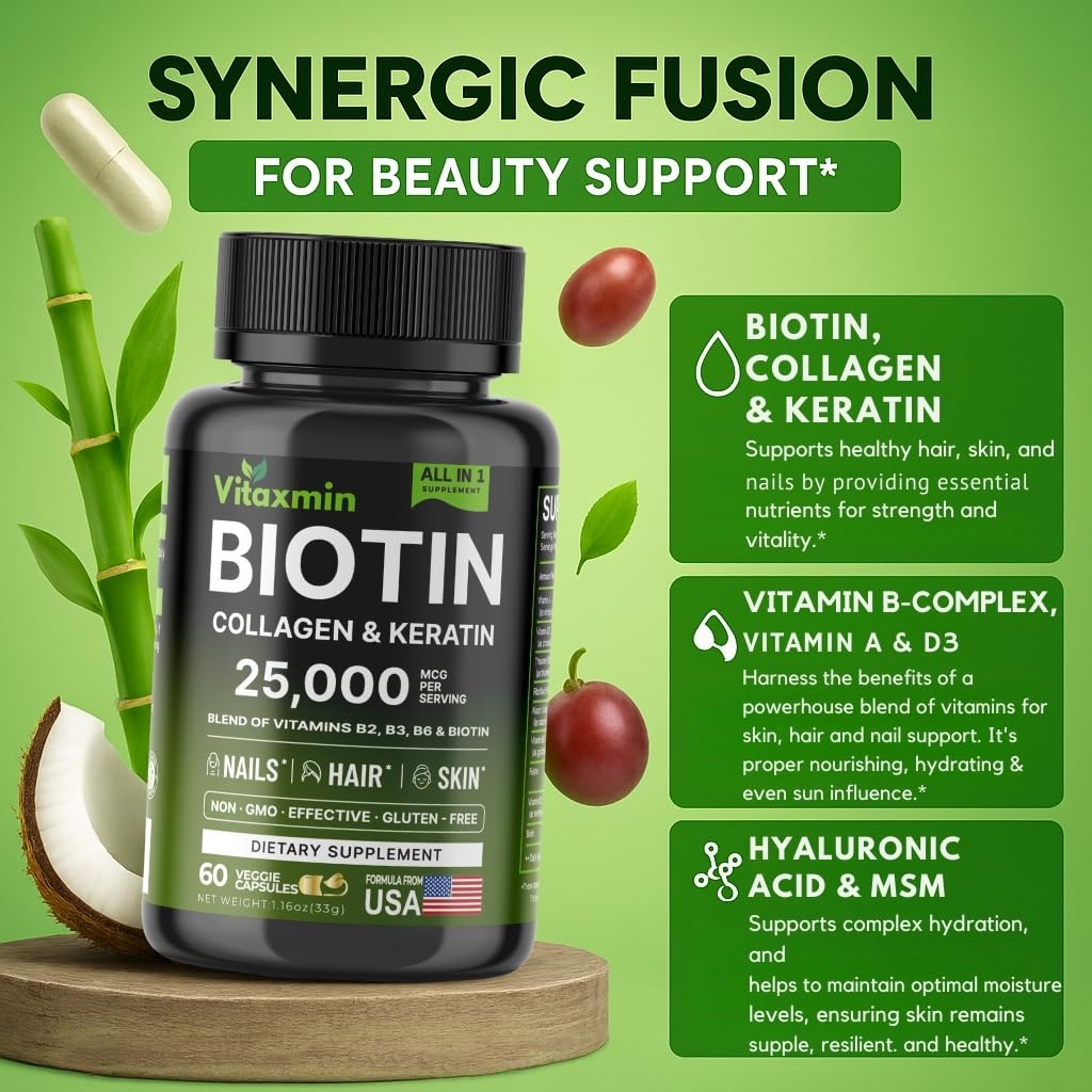 Vitaxmin Biotin 10000mcg with Collagen Keratin Hyaluronic Acid - Hair Growth Vitamins for Women & Men - Hair Skin and Nails Vitamins with B Complex Capsules 60 Count