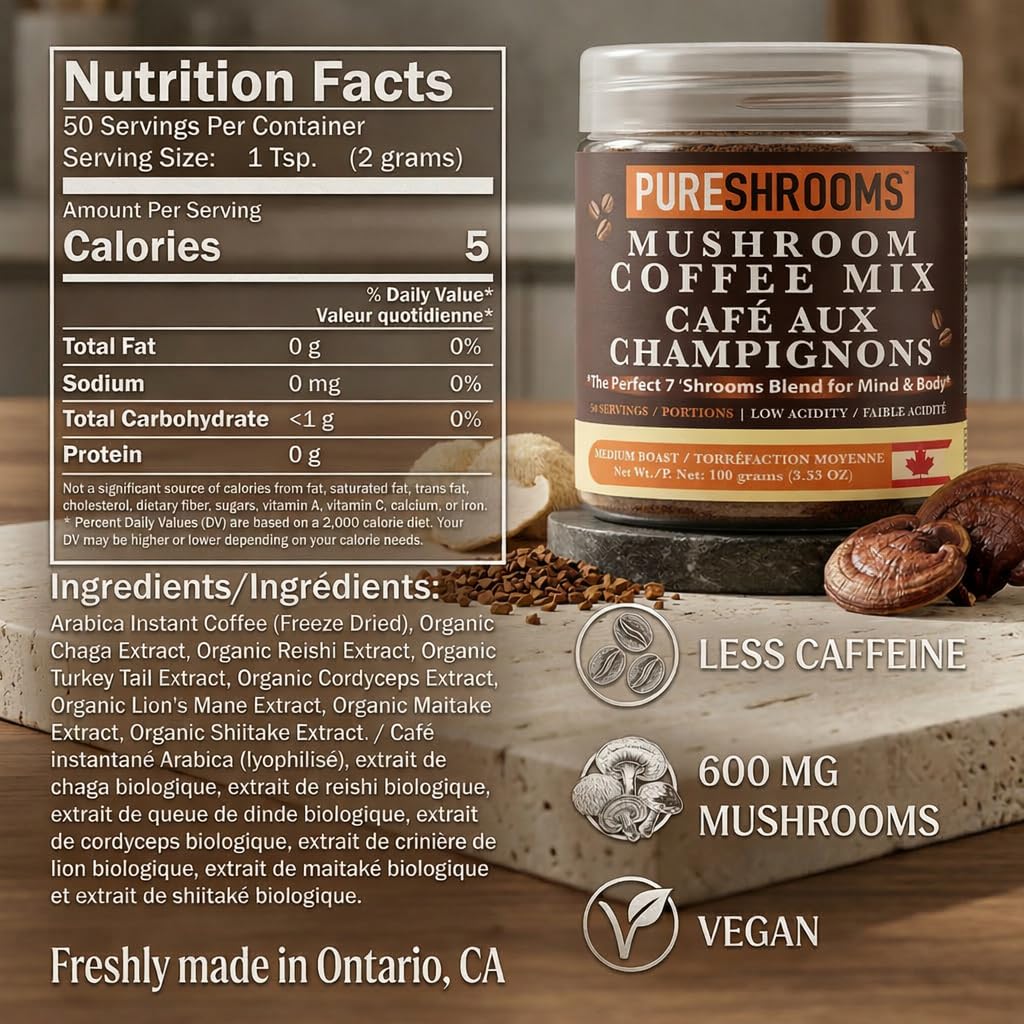 PureShrooms Perfect 7 Mushroom Coffee Powder, 50 Servings