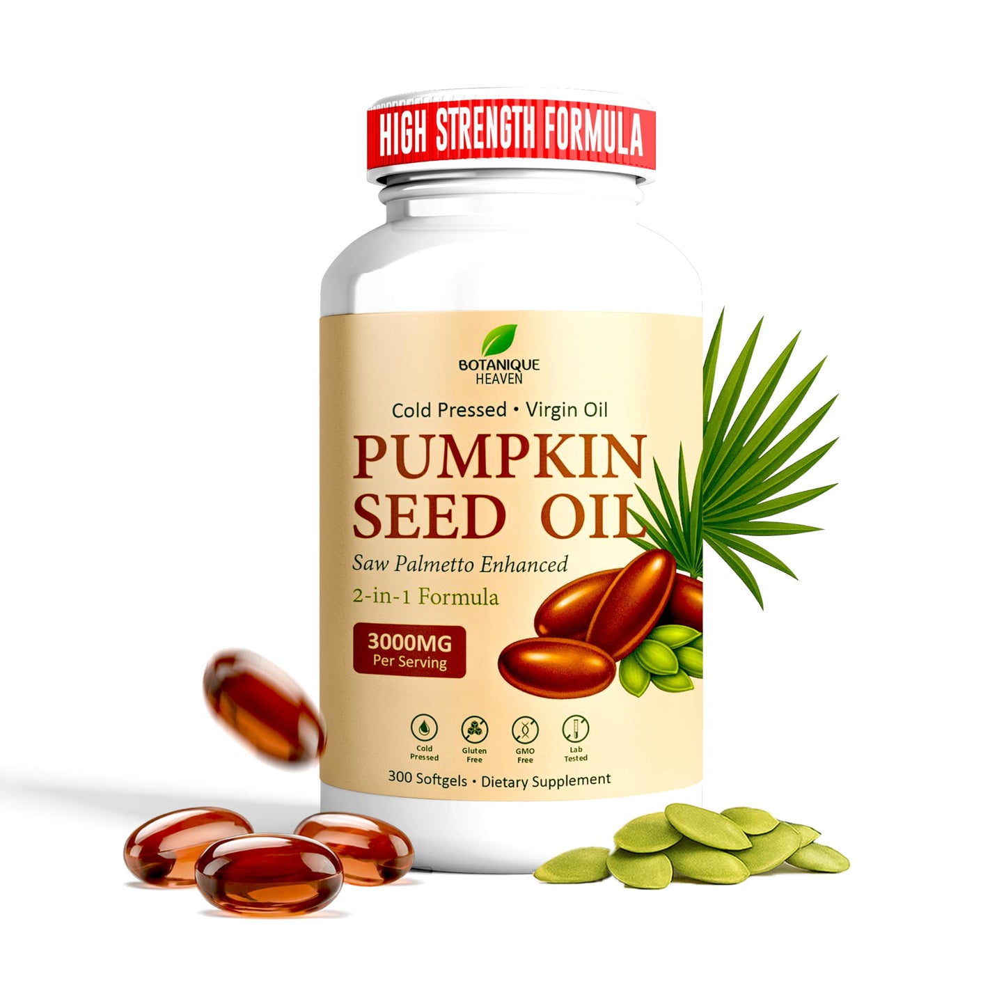 Botanique Heaven High Strength Pumpkin Seed Oil with Saw Palmetto Capsules, 300 Count