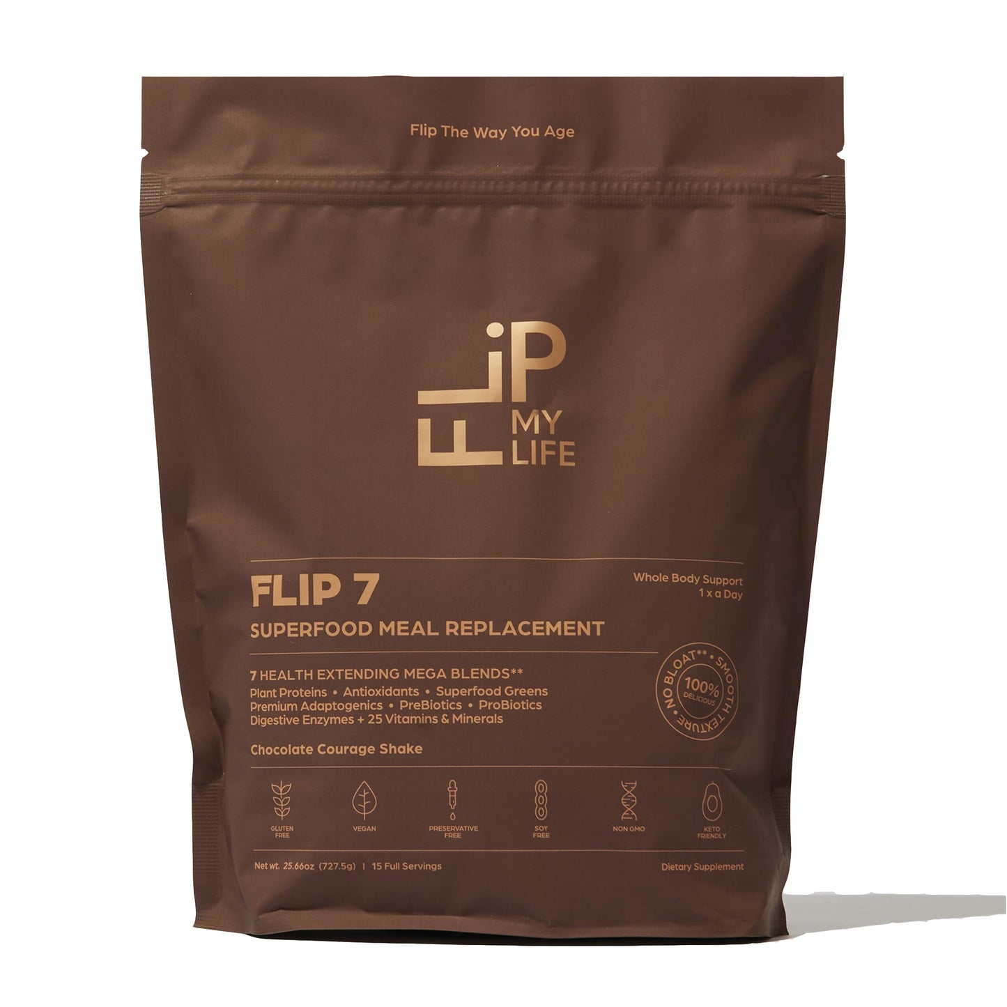 Flip My Life Flip 7 Natural SuperFood Plant-Based Protein Complete Meal Replacement to Support Healthy Gut - Chocolate Powder, 25.6 Ounces