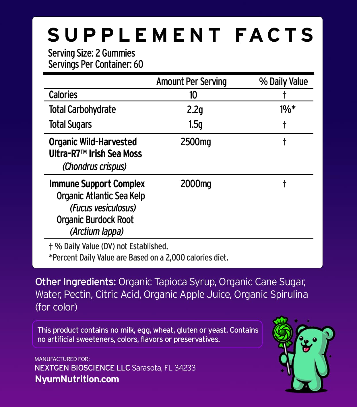 Generic Nyum Nutrition Ultra R-7 Organic Irish Sea Moss Gummies, 60 Count