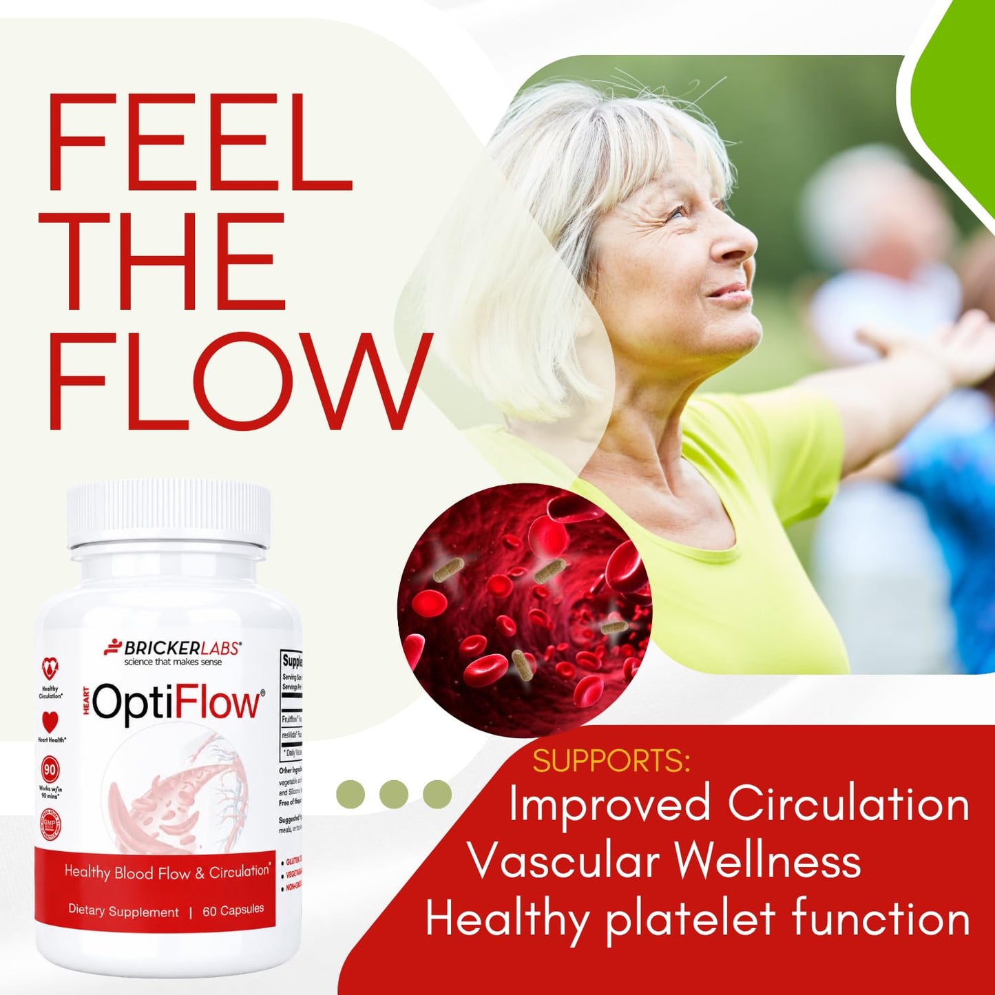 Bricker Labs OptiFlow Circulation Supplement – Supports Healthy Blood Flow & Cardiovascular Function, Vascular Health with FruitFlow & resVida Resveratrol, Gut-Friendly Formula, 60 Capsules