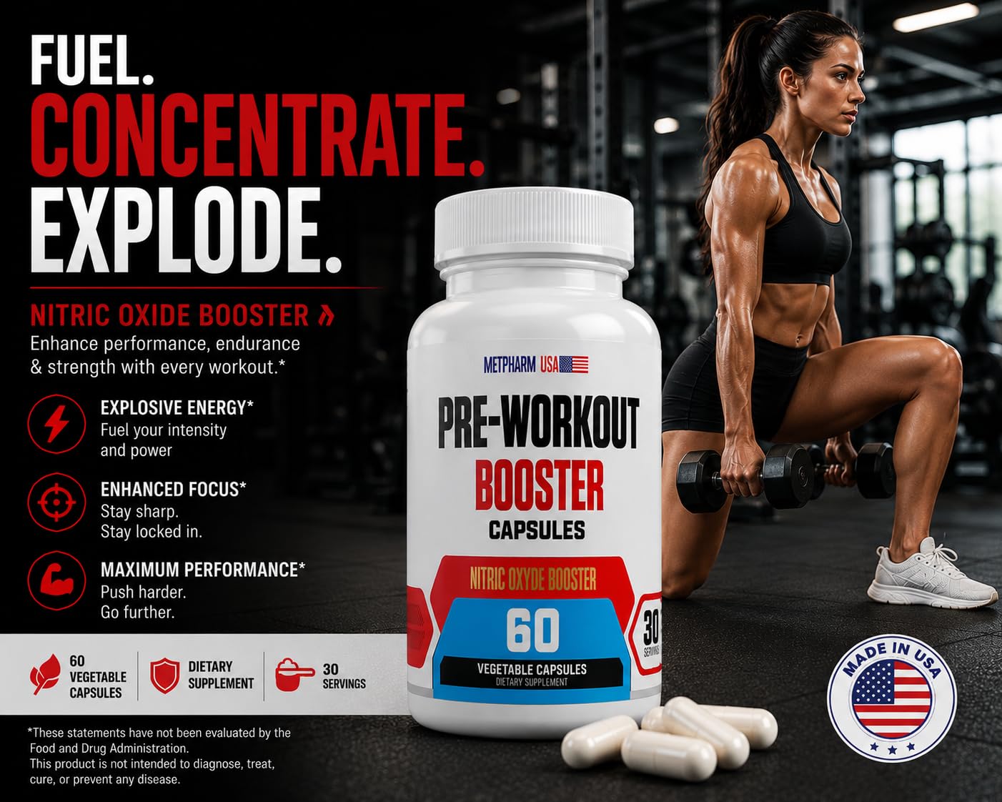 MetpharmUSA Advanced Pre-Workout Formula Booster Capsules, 60 Count