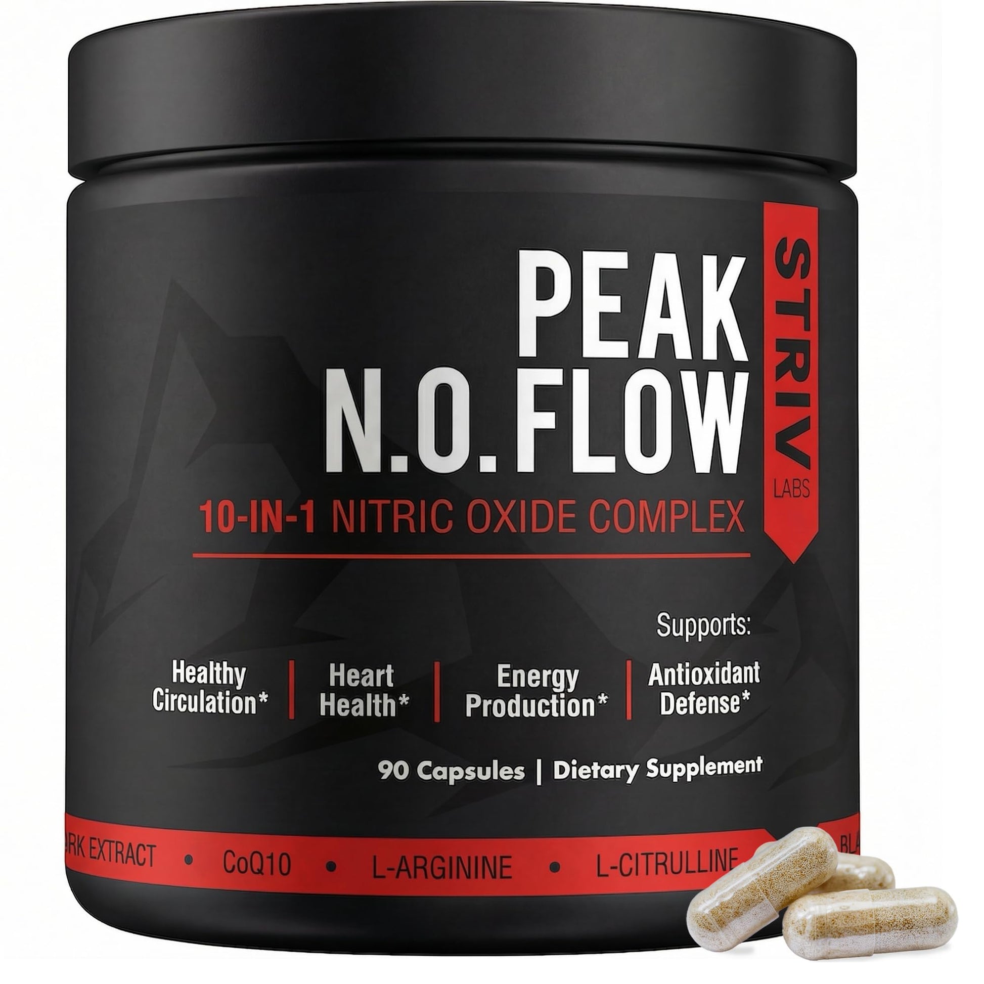STRIVLABS Peak Flow 10-in-1 Nitric Oxide Supplement - L Citrulline, L Arginine & CoQ10 - Healthy Circulation, Heart Health & Stimulant-Free Energy, 90 Capsules