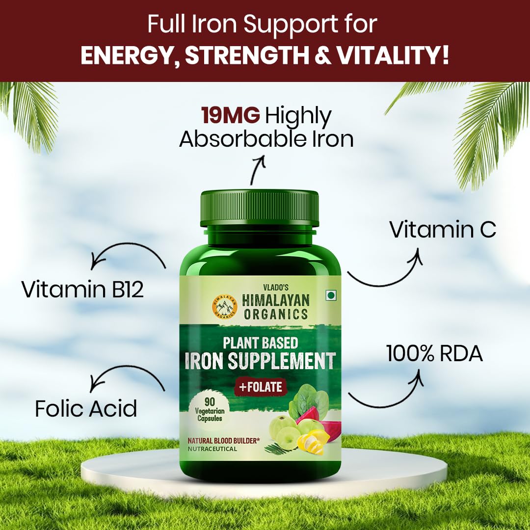 Himalayan Organics Plant Based Iron Supplement with Folate, 90 Capsules