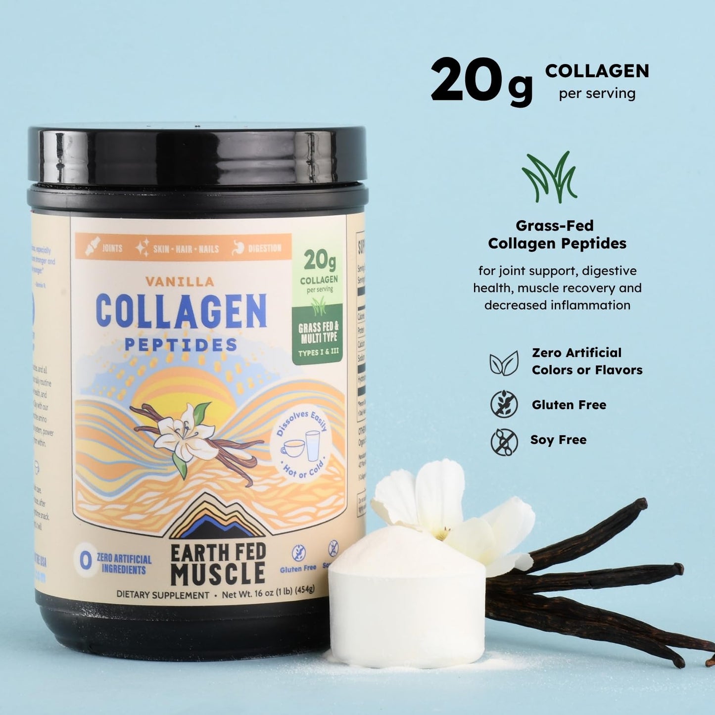 Earth Fed Muscle Vanilla Collagen Peptides Powder 1 lb