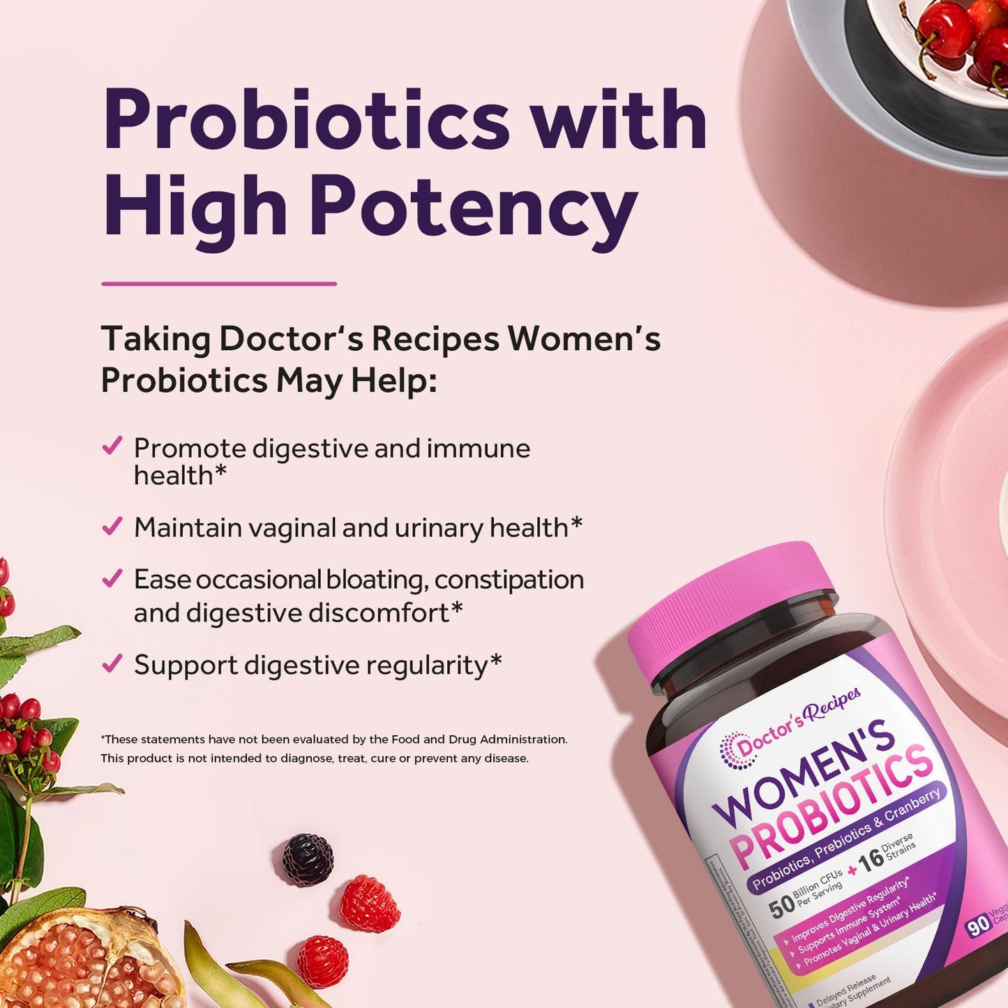 Doctor's Recipes Women's Probiotic Capsule, 90 Count, 50 Billion CFU, 16 Strains, with Organic Cranberry