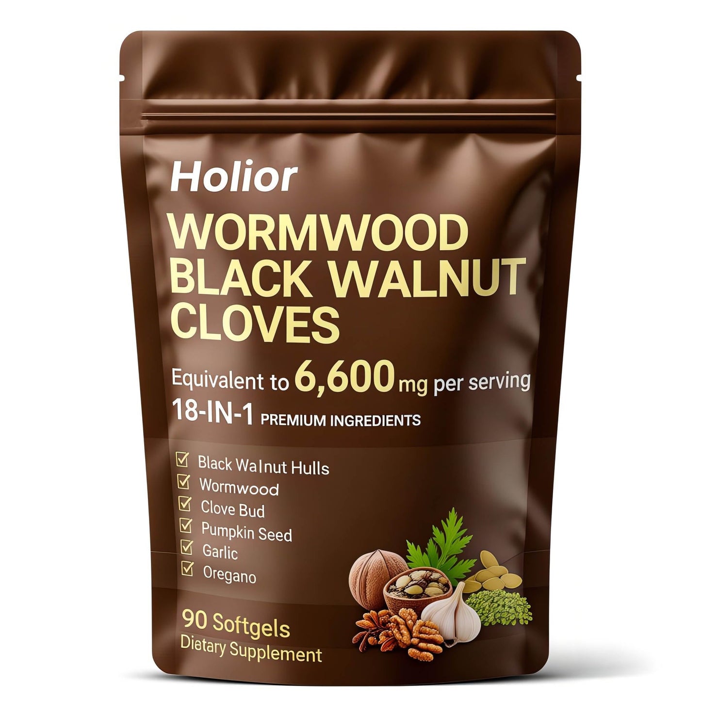 HOLIOR 18-in-1 Black Walnut Wormwood Herbal Wellness Blend with Clove, Garlic, Turmeric, Pumpkin Seed, Oregano, Berberine & More Daily Digestive & Gut Balance Support Supplement 90 Softgels