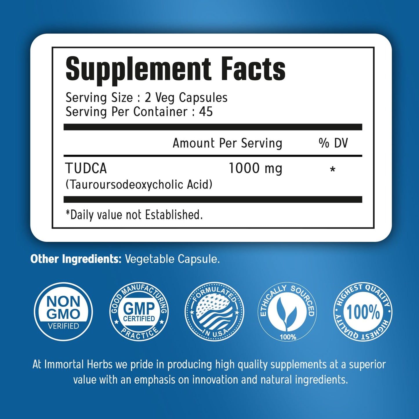 Immortal Herbs TUDCA Supplement 1000mg Capsules 90 Count