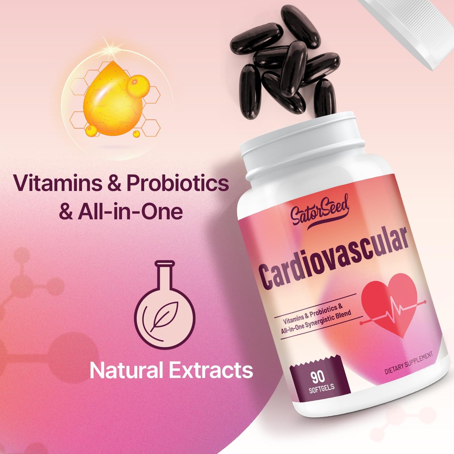 SatorSeed Cardiovascular Supplement 3000MG Multi-Vitamins, Probiotics, Omega-3 & CoQ10 Synergistic Blend for Adults Softgel 180 Count