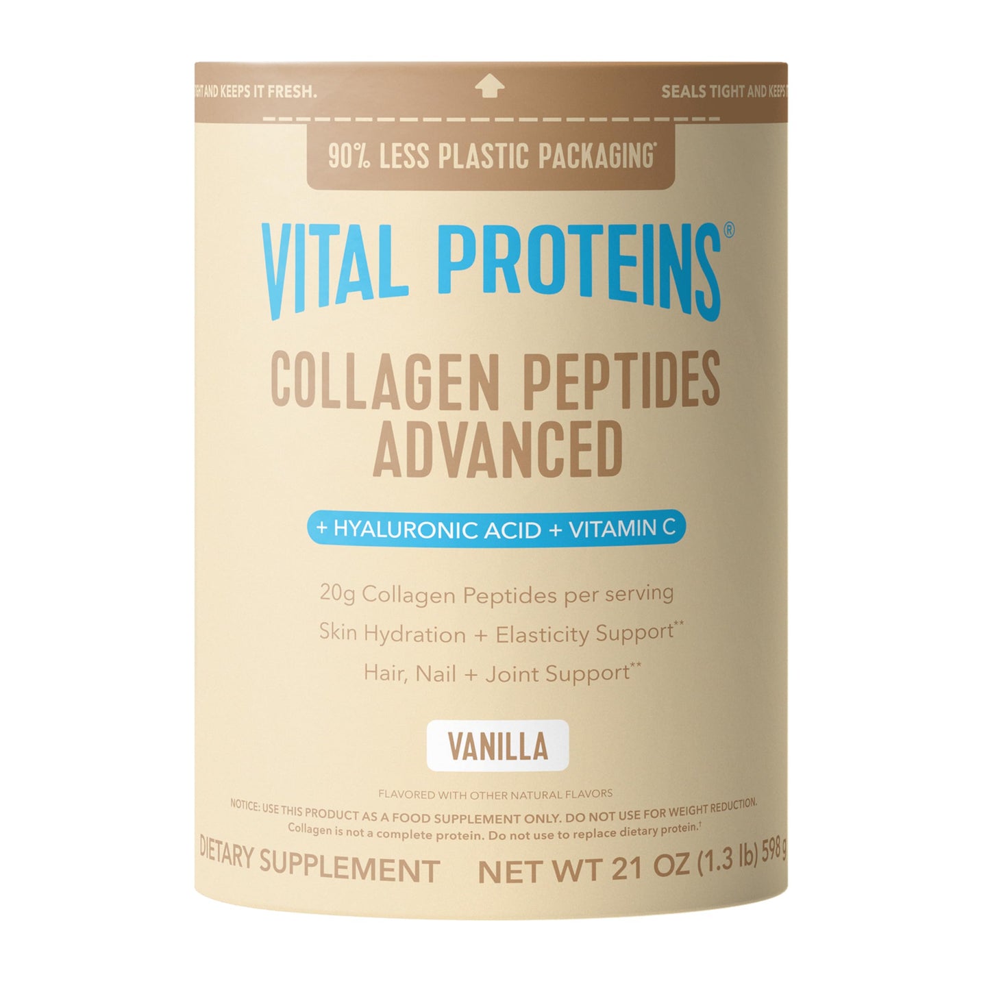 Vital Proteins Collagen Peptides Advanced, Hydrolyzed Peptides with Hyaluronic Acid and Vitamin C - Vanilla Flavor Powder, 21 oz