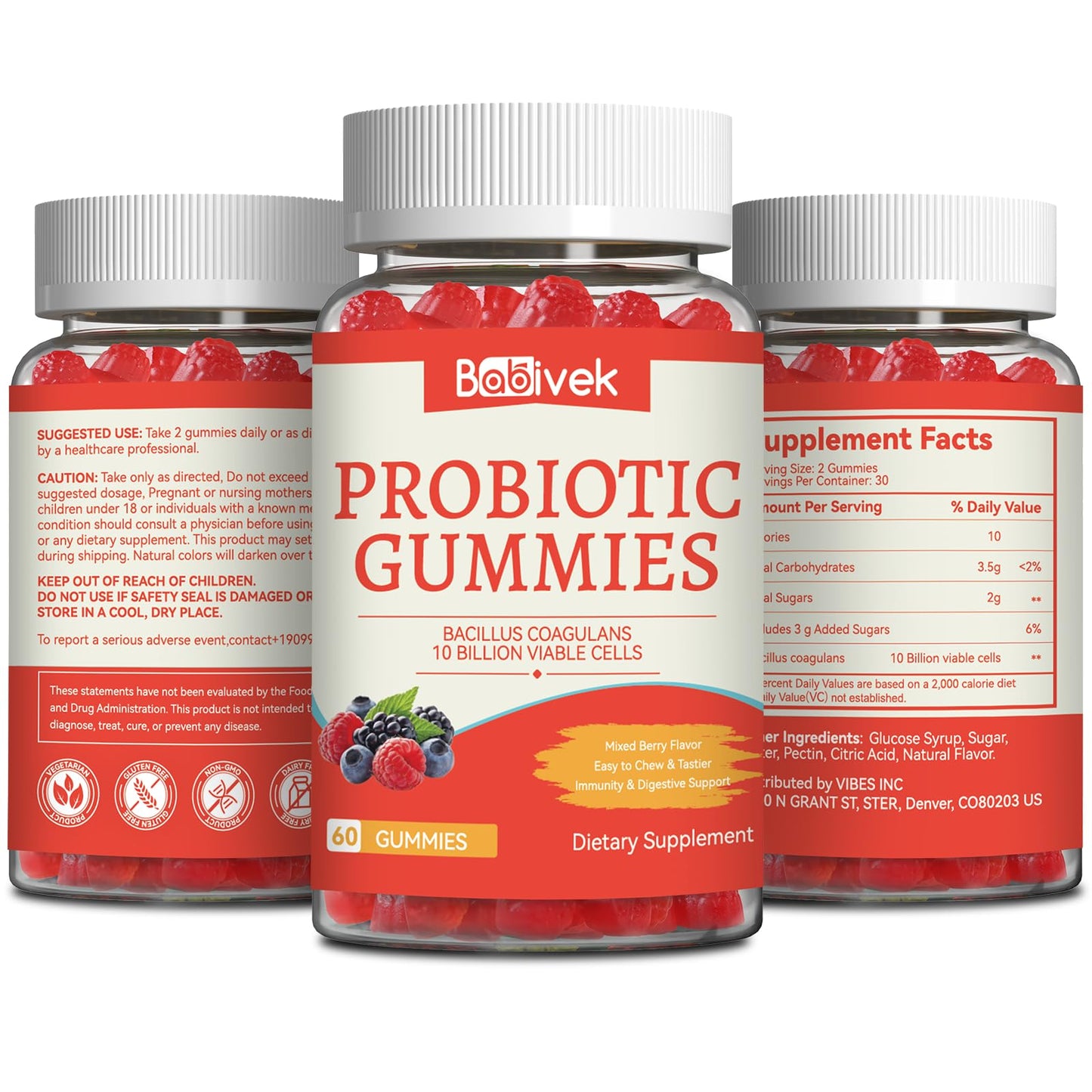 Babivek Probiotic Gummies 10 Billion CFU Bacillus Coagulans, 120 Count