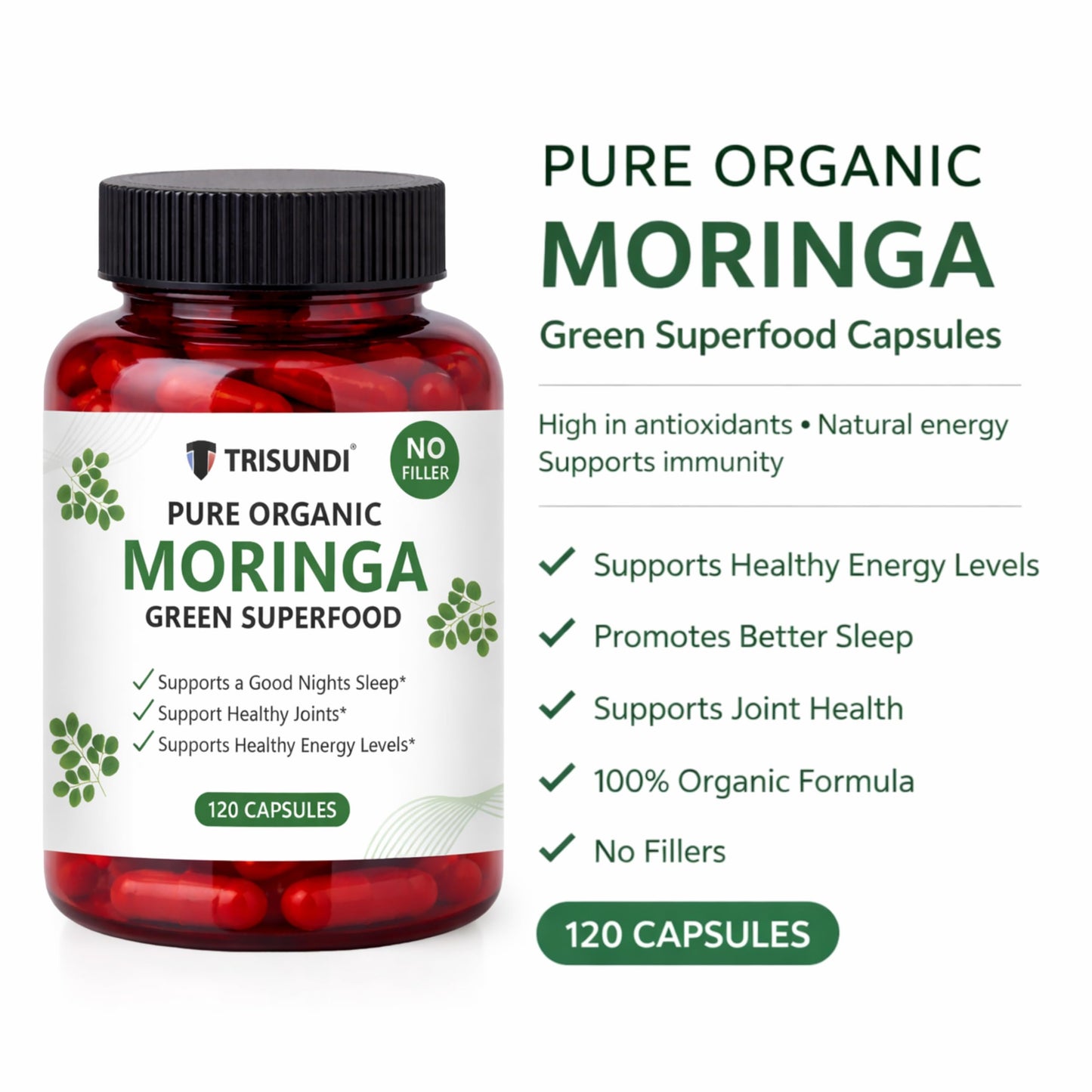Trisundi Organic Moringa Capsules 600mg Capsules 120