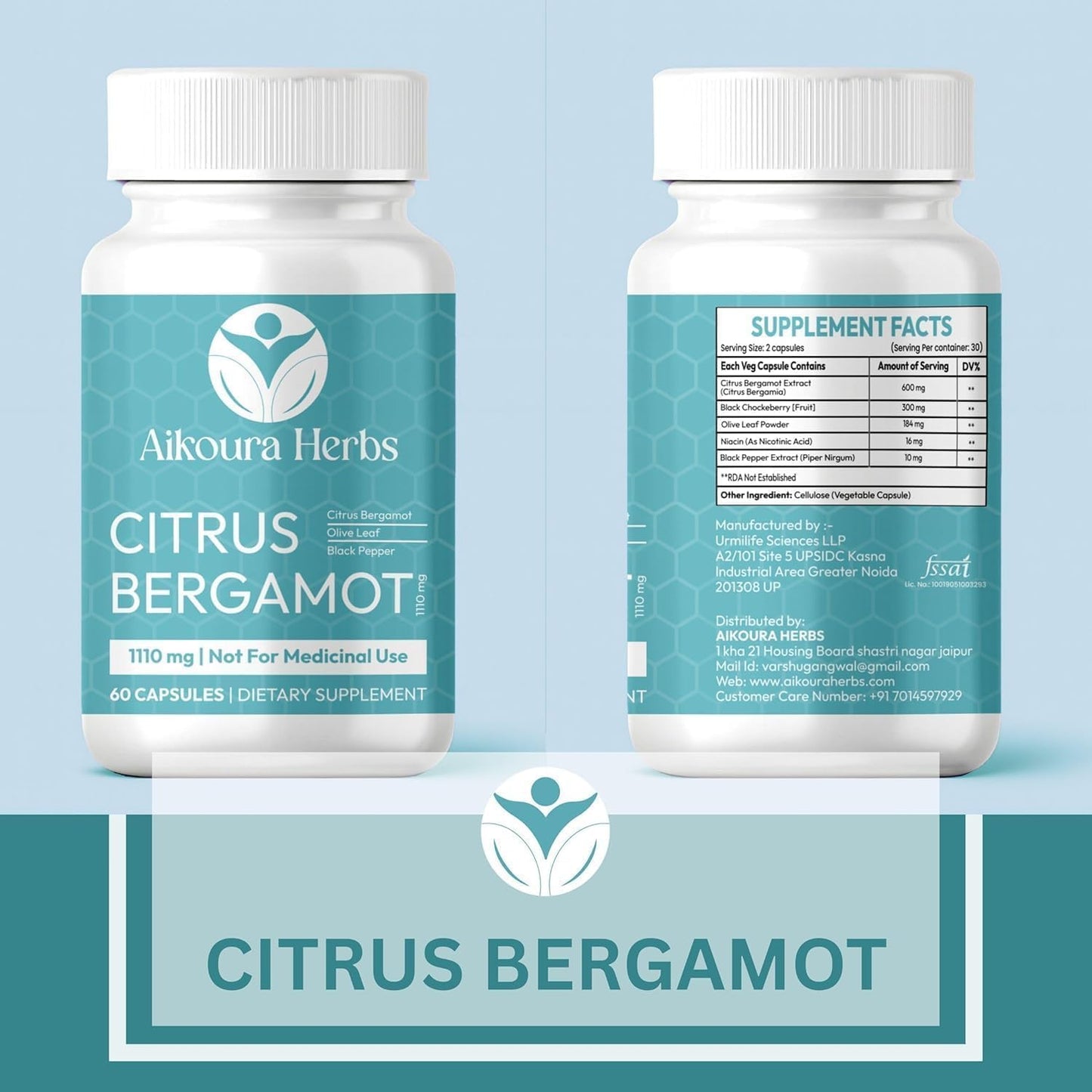 AIKOURA HERBS Citrus Bergamot Supplement 1110mg with Niacin, Olive Leaf & Black Pepper 60 Capsules