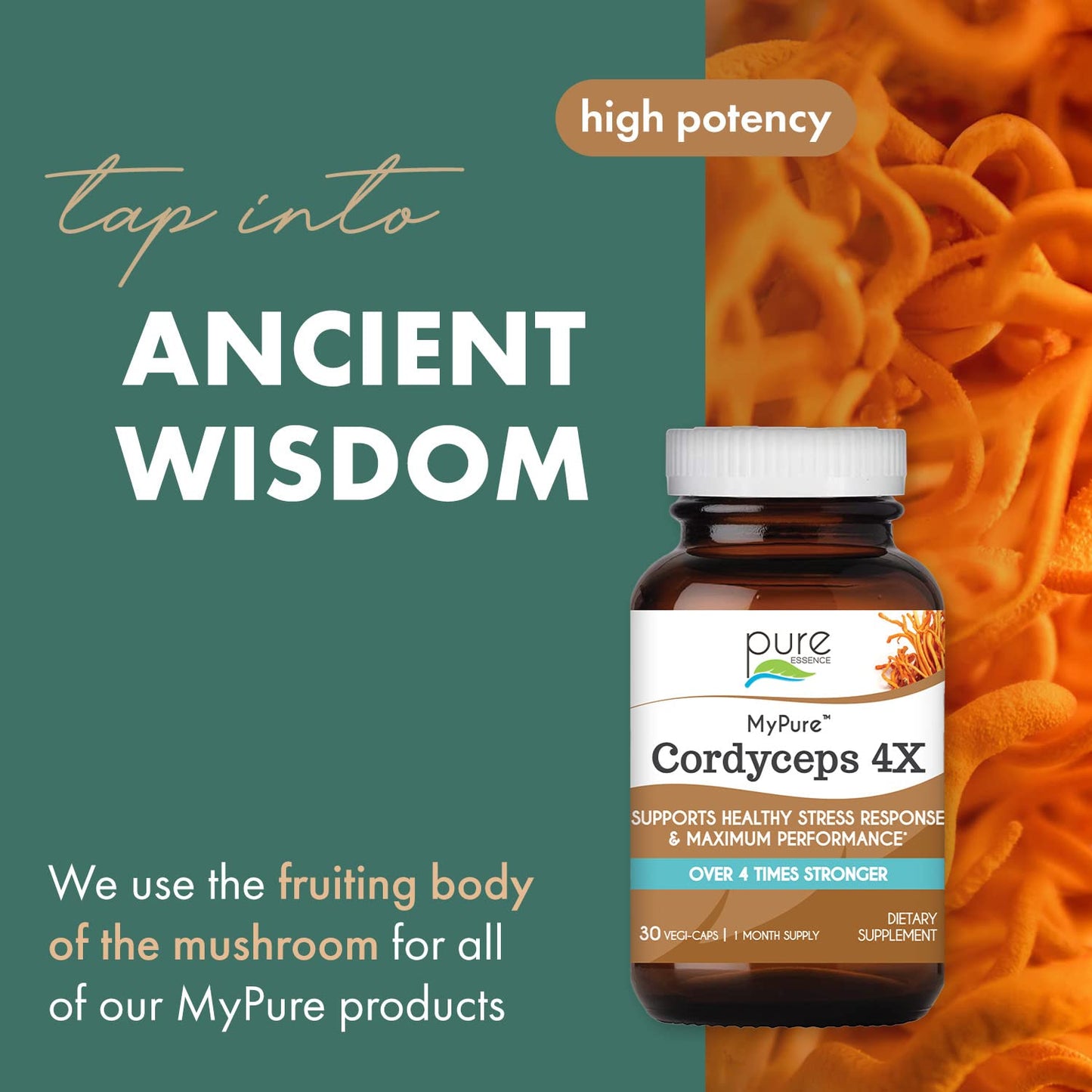 Pure Essence Labs MyPure Cordyceps 4X Mushrooms Capsules, 30 Count