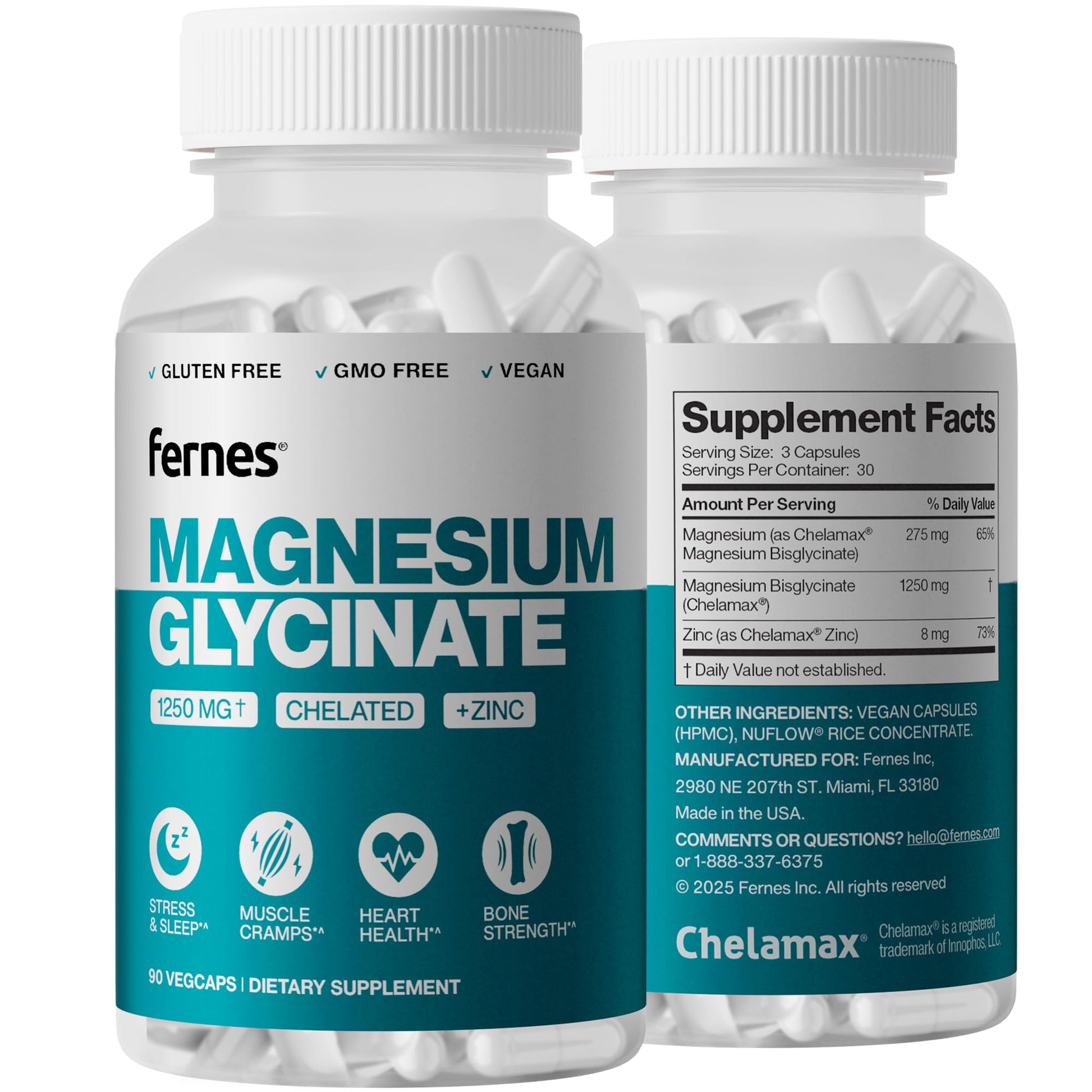 Fernes Magnesium Glycinate 1250mg with Zinc Capsules, 90 Capsules