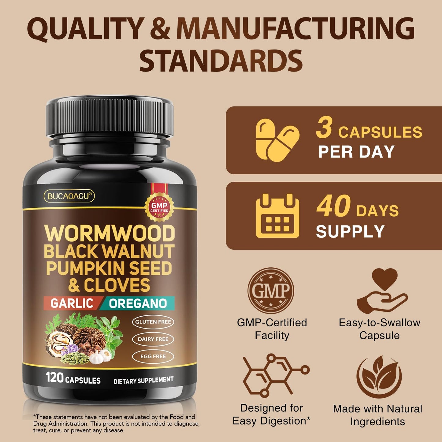 BUCAOAGU Black Walnut Wormwood Clove Cleanse for Humans Gut Cleanse & Digestive Health with Pumpkin Seed Garlic Celery Neem Papaya Diatomaceous Earth Probiotic Supplement Vegan Capsules 120