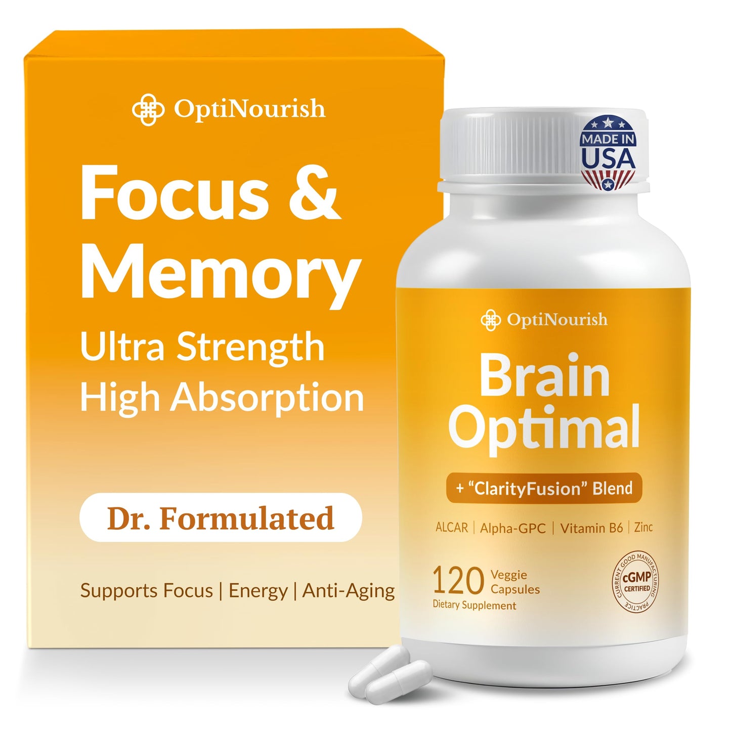 OPTINOURISH Brain Supplement for Memory and Focus, Nootropic for Adults, Fuel Brain Energy & Mental Clarity, Caffeine Free, Cognitive Support, Doctor-Formulated, Made in USA, cGMP, 120 Capsules