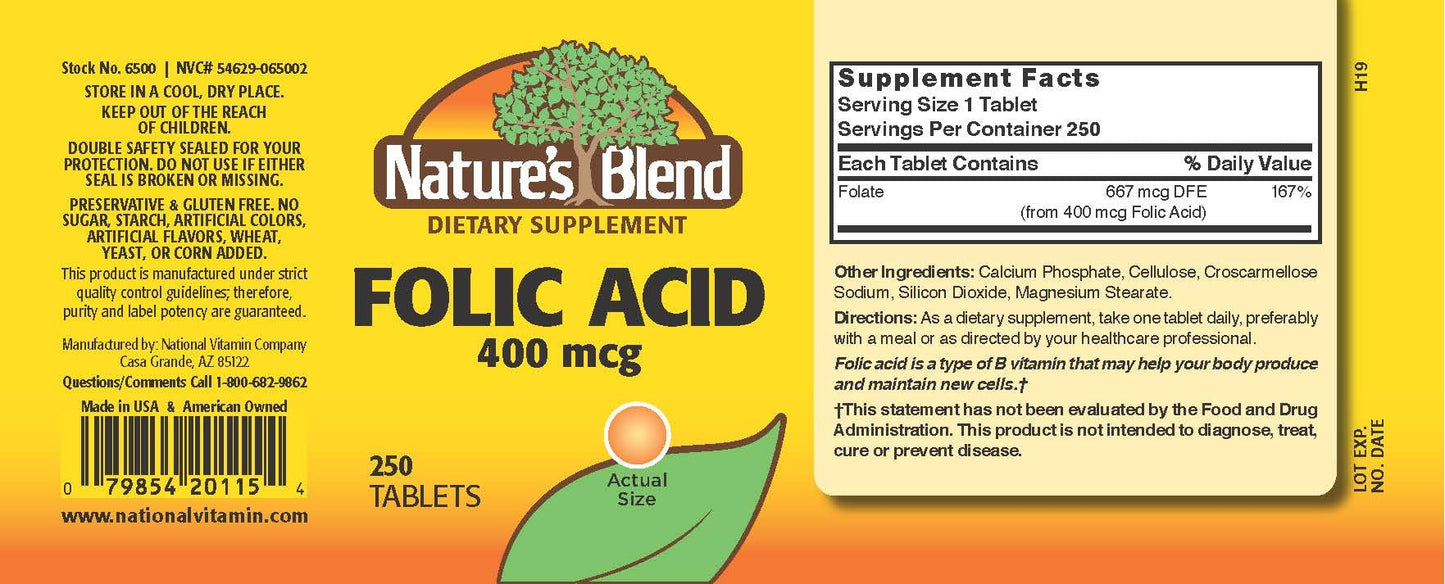 Nature's Blend Folic Acid 400 mcg Tablets 250 Count