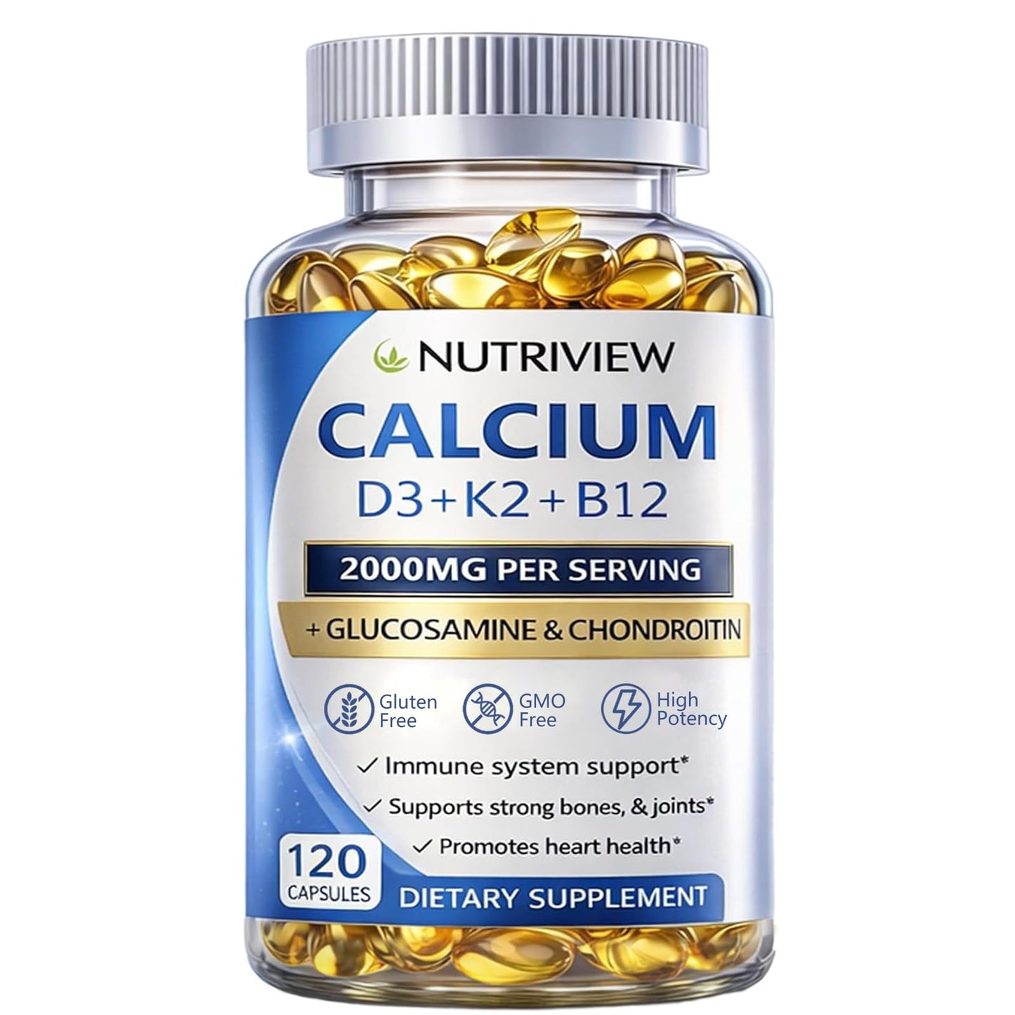 Uagain NutriView Calcium 2000mg with D3 & K2 High Absorption Bone Health Supplement for Women Softgels, 120 Count