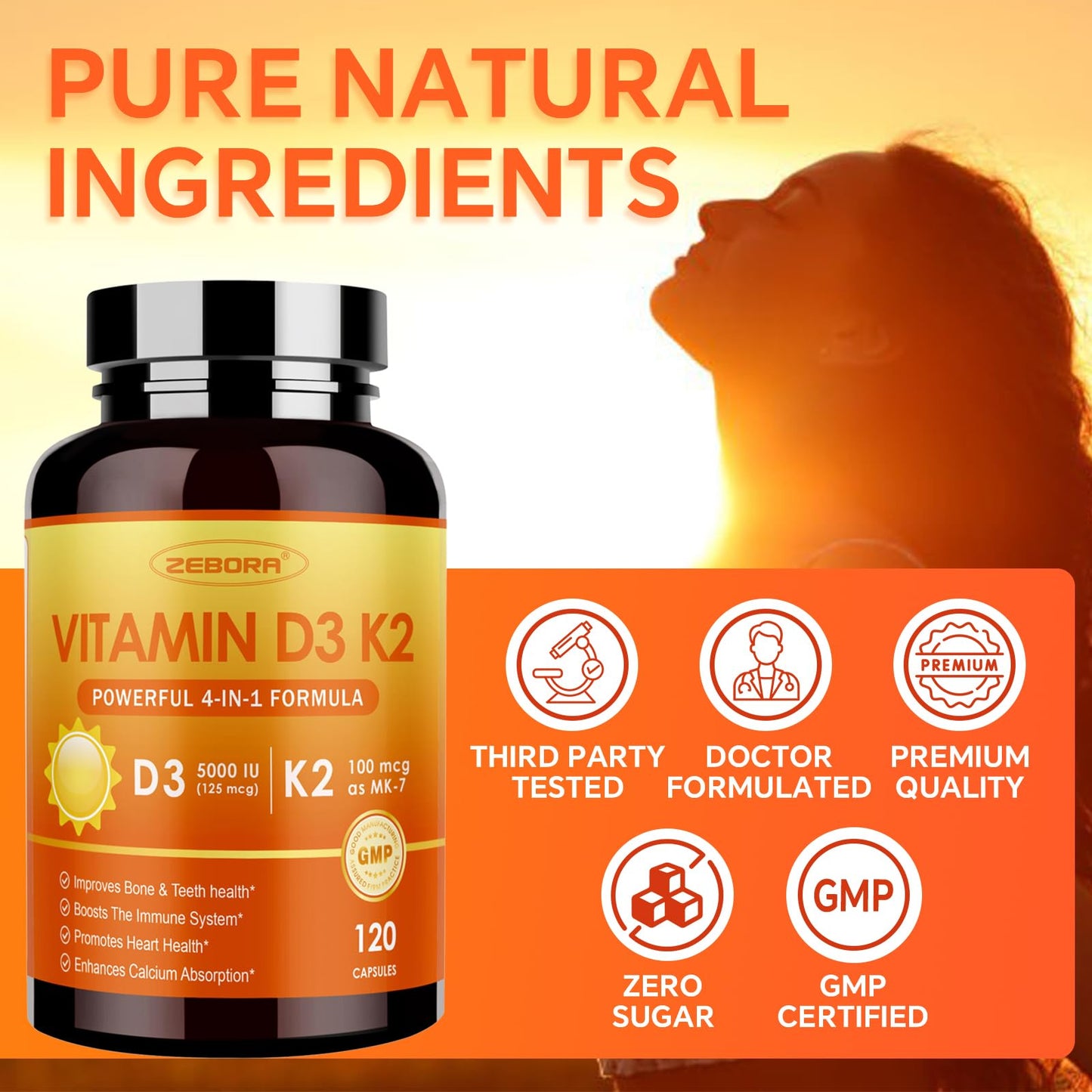 ZEBORA Vitamin D3+K2-5000 IU Vitamin D3 + 100 mcg K2 MK-7 Capsules, 120 Count