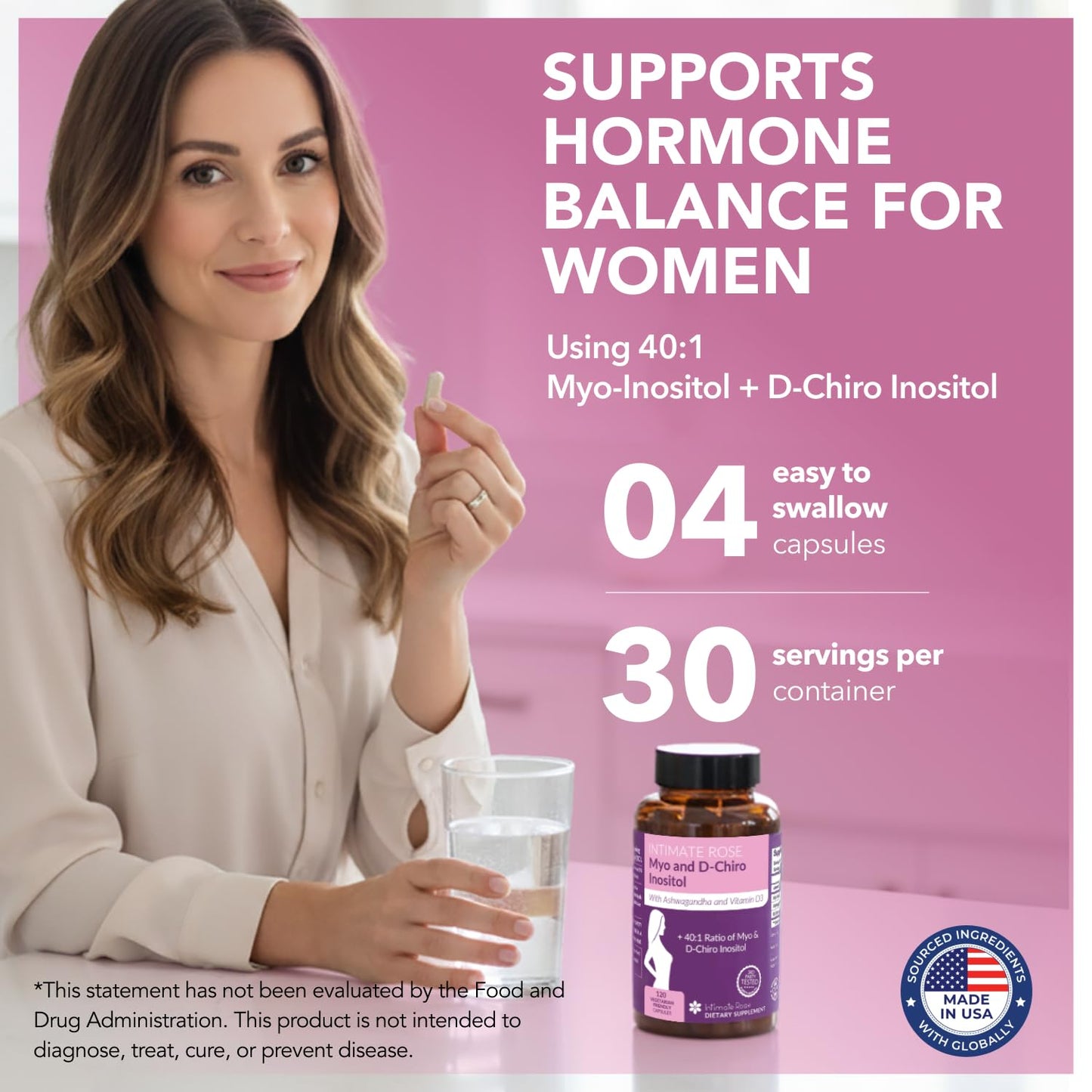 Intimate Rose Myo-Inositol & D-Chiro Inositol Supplement for Women - Hormone Balance & Ovarian Support for Women - Ideal 40:1 Ratio, Vitamin D3 + Ashwagandha