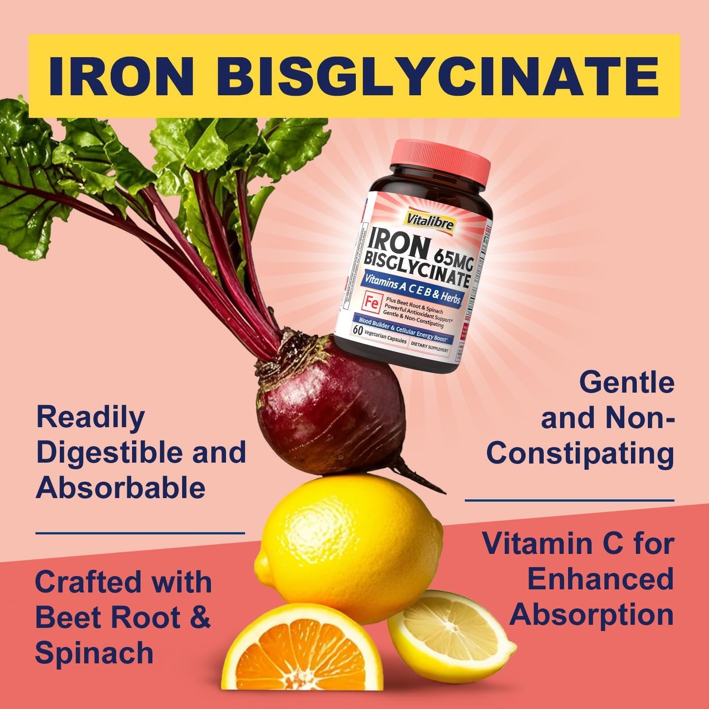 Vitalibre Iron Bisglycinate Tablet, 65mg Elemental Iron, 60 Tablets
