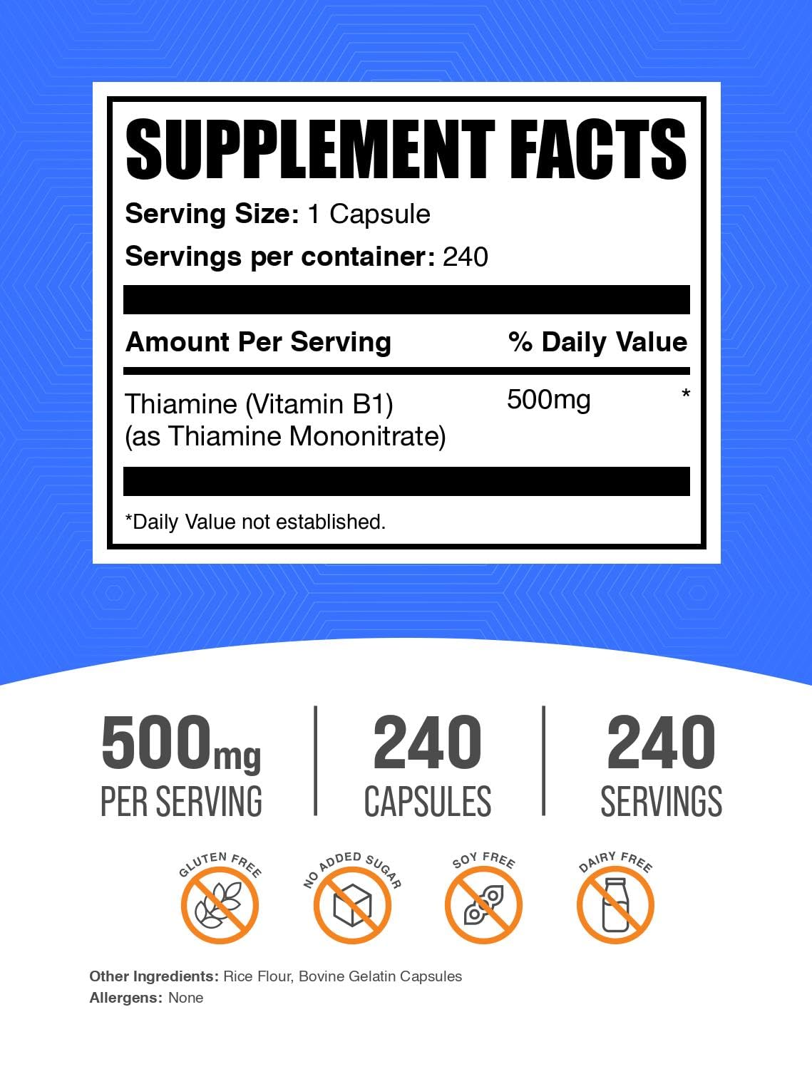 BulkSupplements Thiamine Mononitrate (Vitamin B1) Capsules - 240 Count