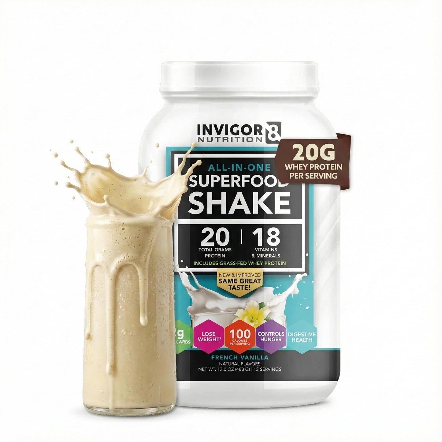 INVIGOR8 Superfood Grass-Fed Whey Protein Isolate Shake French Vanilla Powder 22.6 oz