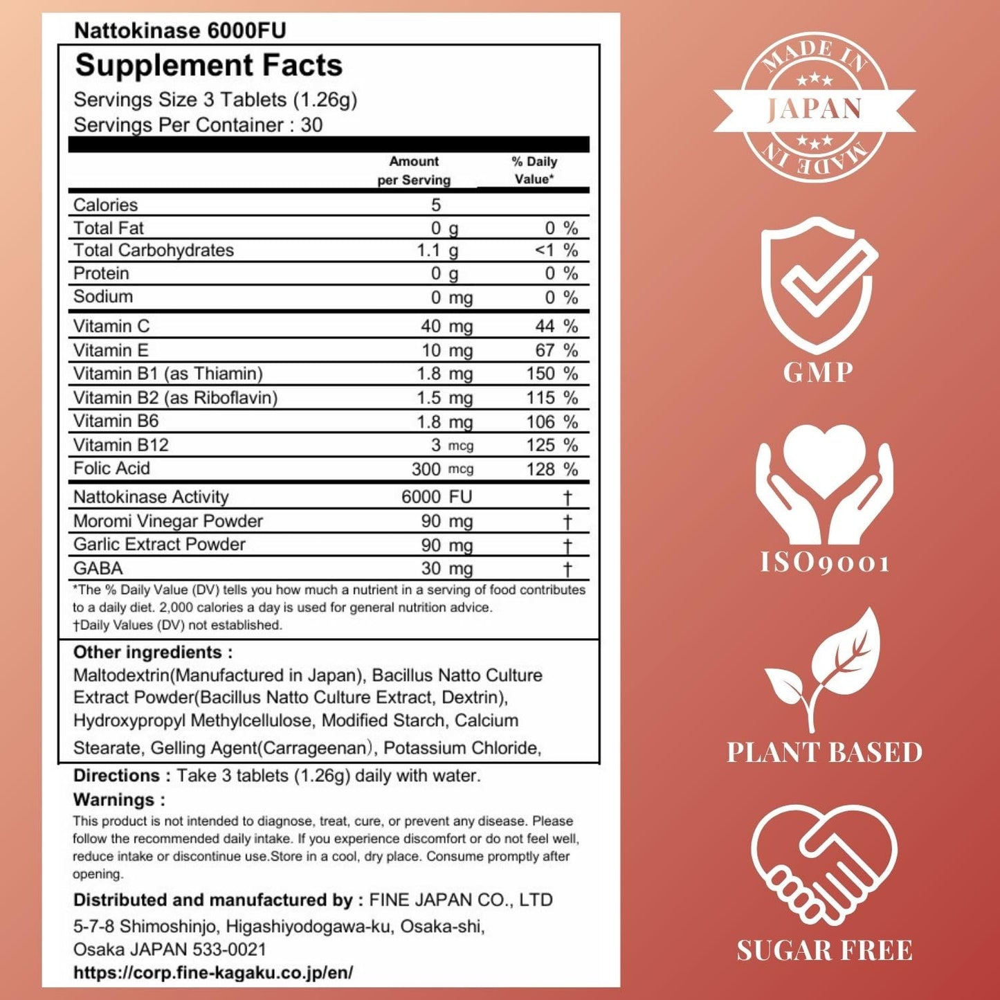 Fine Japan Nattokinase 6000FU – Japanese Fermented Natto Enzyme Supplement with Garlic and Vinegar, Capsules, 90 Count
