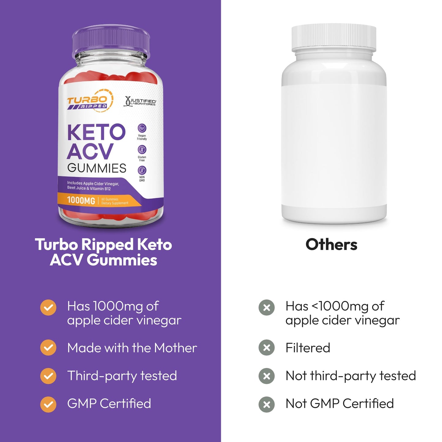 Justified Laboratories Turbo Ripped Keto ACV Gummies (1000 mg), 300 Gummies