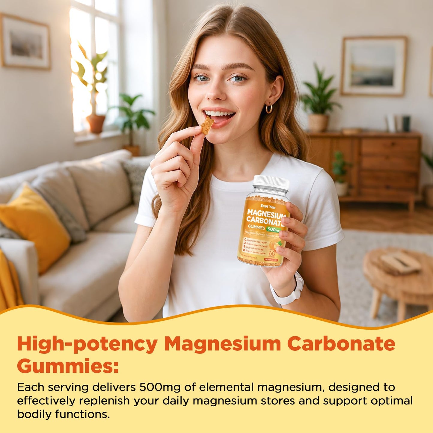 SEPT YAN Magnesium Carbonate Gummies 500mg, Magnesium Supplement with Vitamin C, D3 & B6 for Muscle, Bone, Digestive & Immune Support, Orange Flavor, Sugar Free, Vegan, 60 Gummies