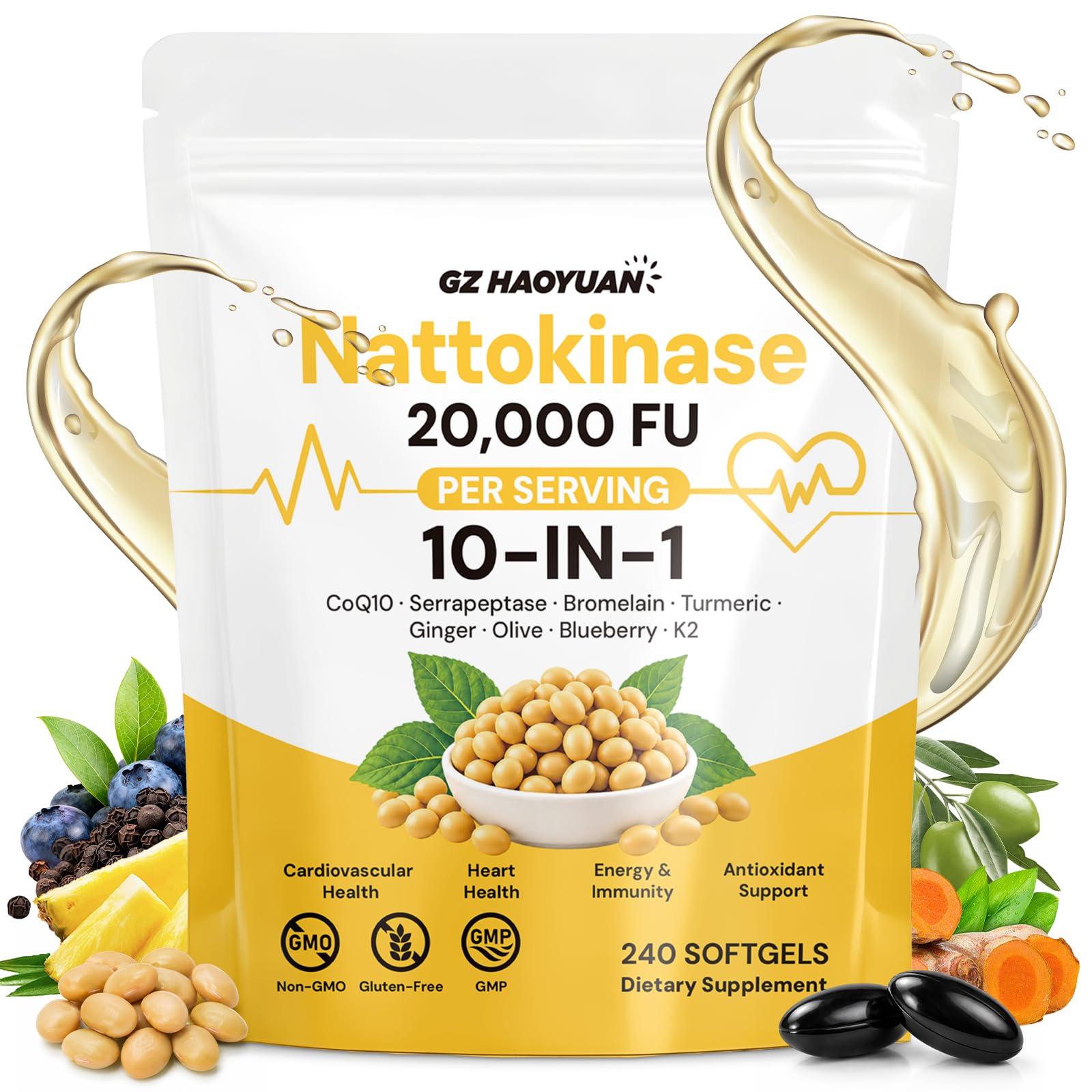 GZ HAOYUAN Nattokinase Supplement 20,000 FU, Triple Enzyme Complex with Serrapeptase & Bromelain, CoQ10, Vitamin K2, Turmeric, Botanical Extracts, Heart & Circulation Support, Healthy Aging, Non-GMO, 240 Softgels