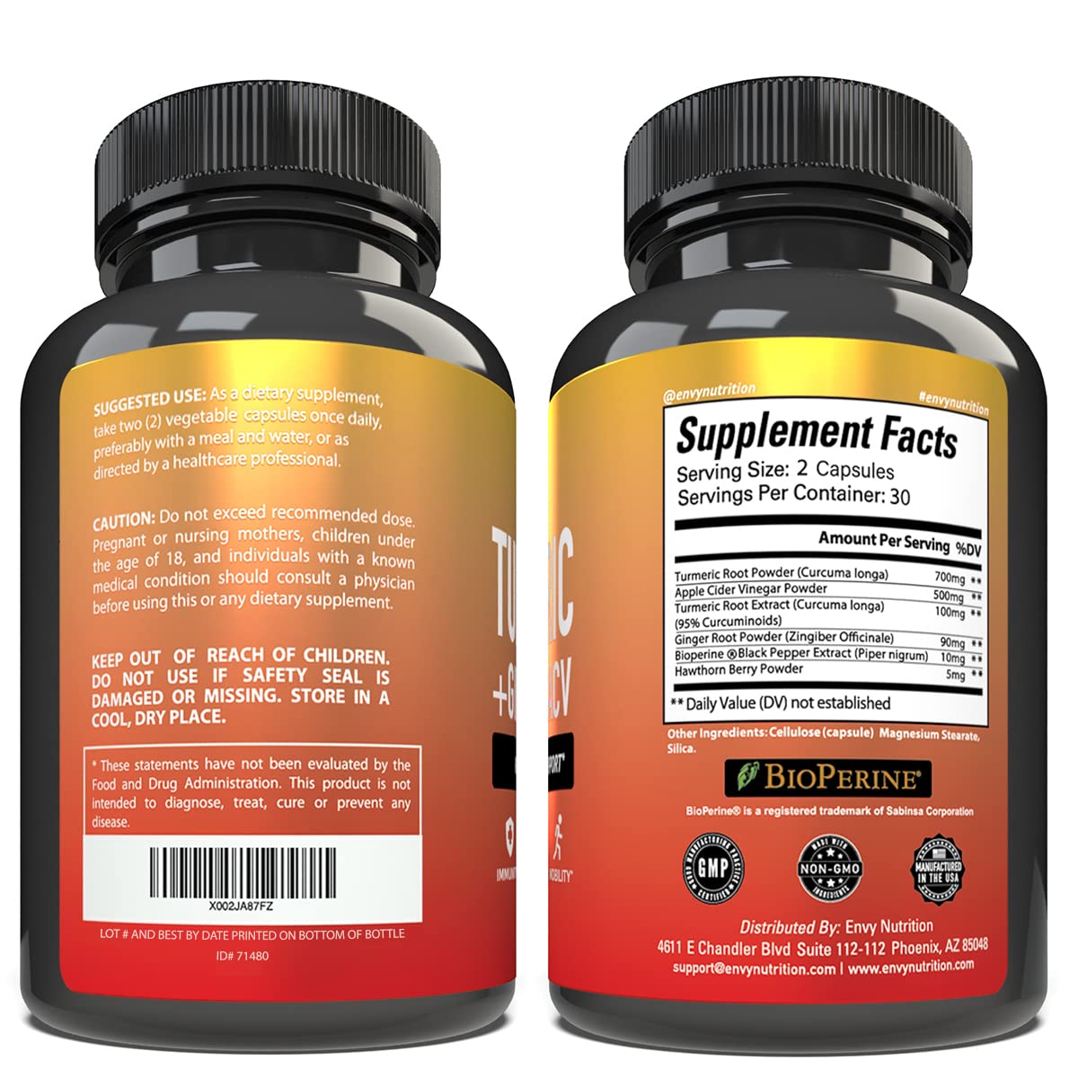 Envy Nutrition Turmeric & Ginger Supplement Capsules with Apple Cider Vinegar, 60 Capsules
