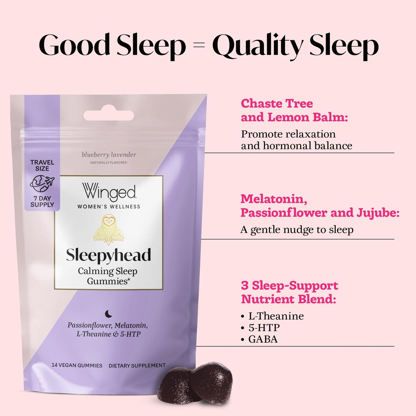 Winged Wellness Sleepyhead Natural Sleep Gummies for Women, 14 Count