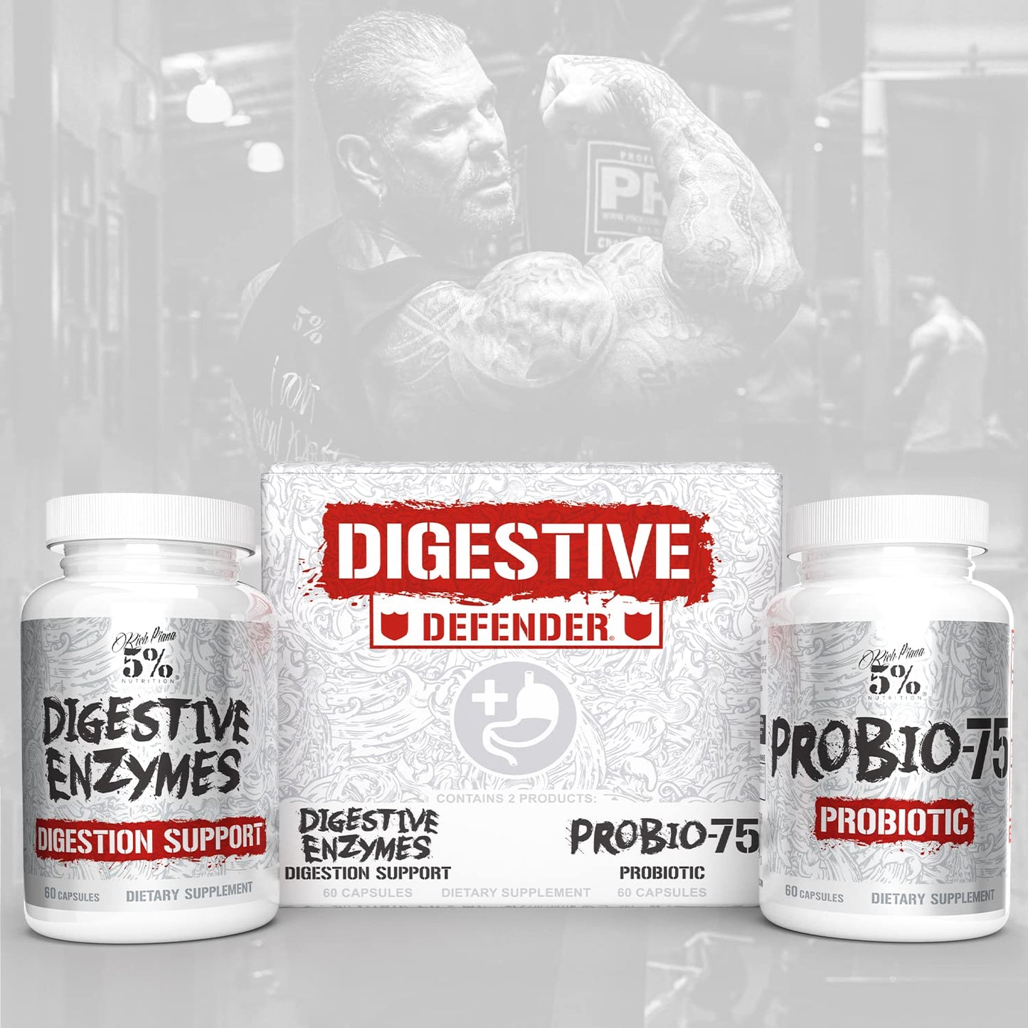 5% Nutrition Rich Piana Digestive Defender 2-in-1 Box with Probio-75 Probiotic + Prebiotic & Diges-Ten Digestive Enzyme Formula, 30 Capsules