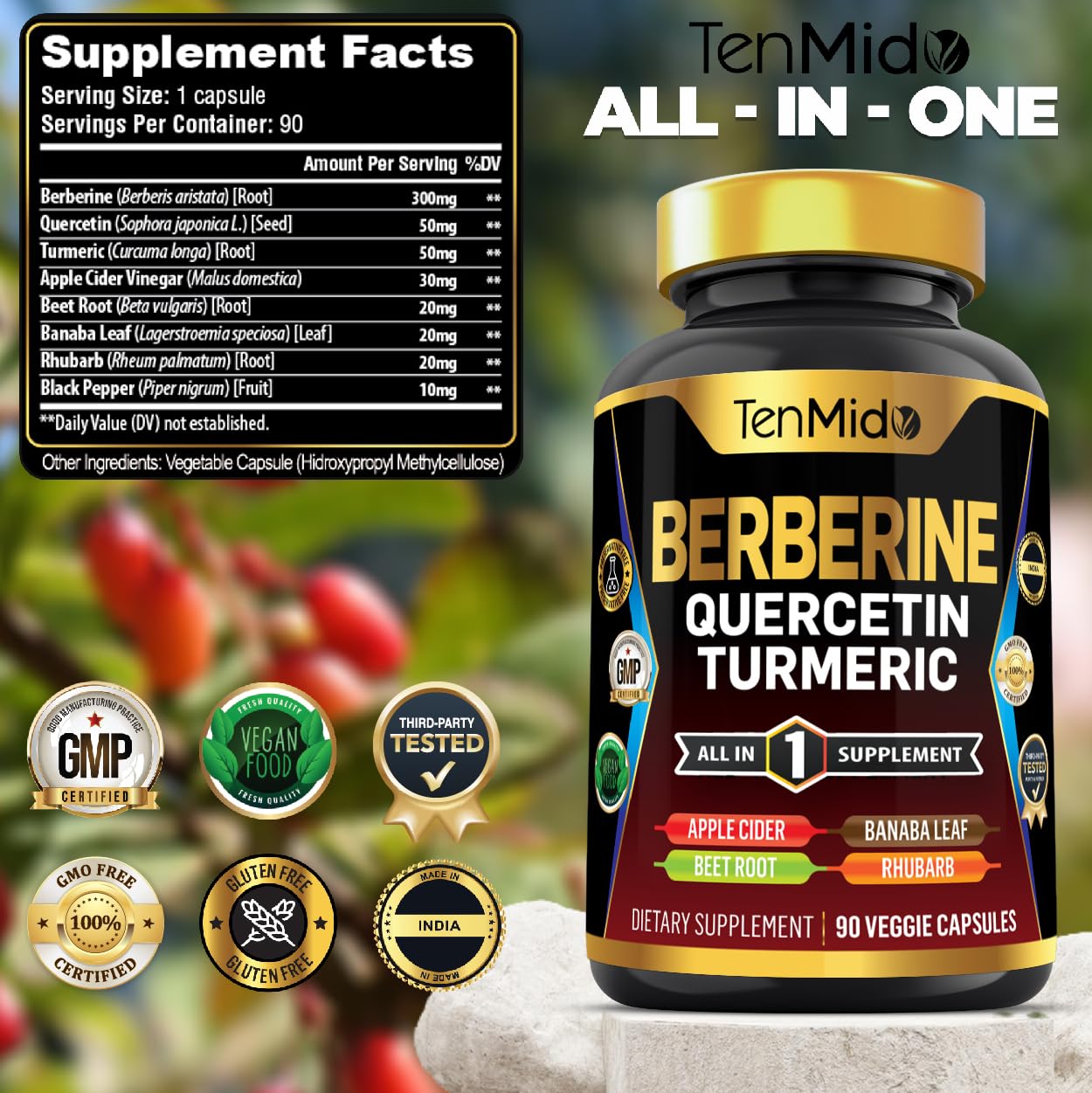 Tenmido Berberine Supplement Capsules, 90 Count