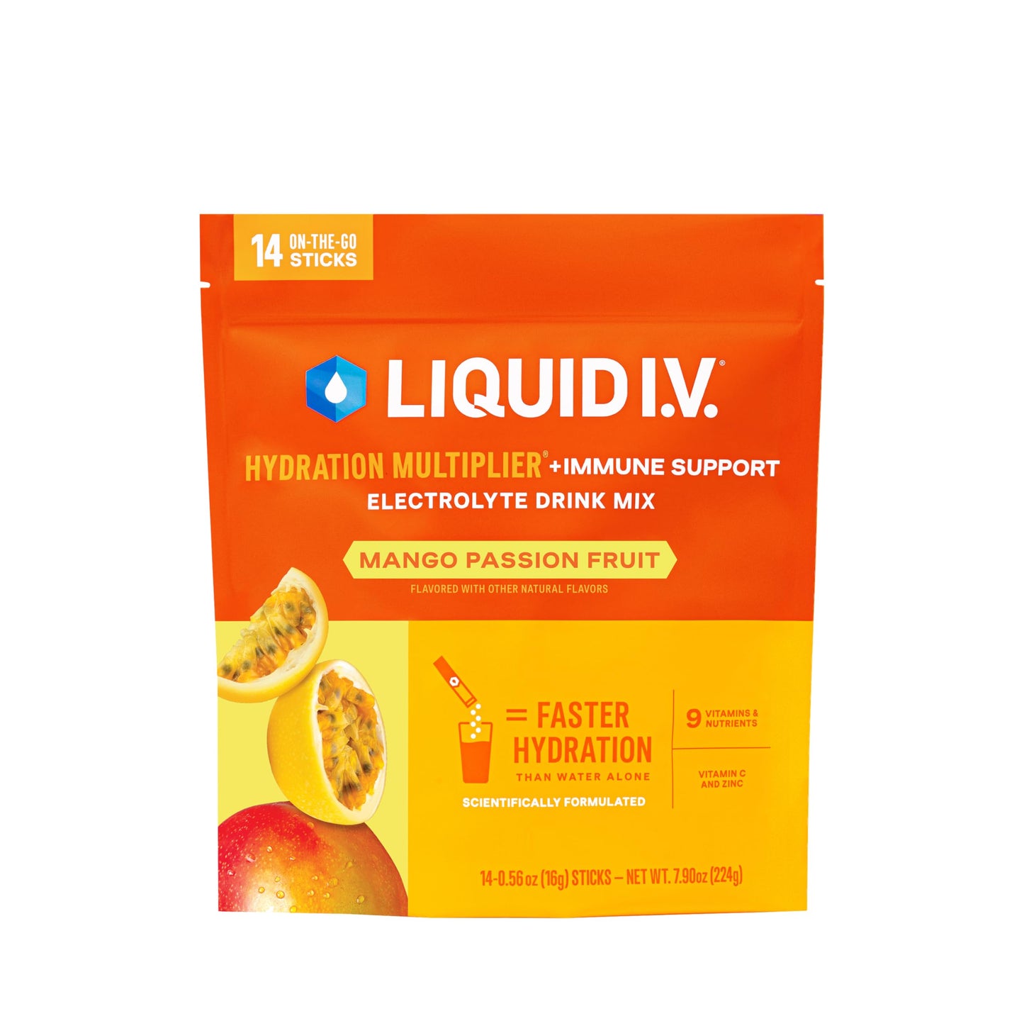 Liquid I.V. Hydration + Immune Electrolytes Mango Passionfruit Powder, 14 Count