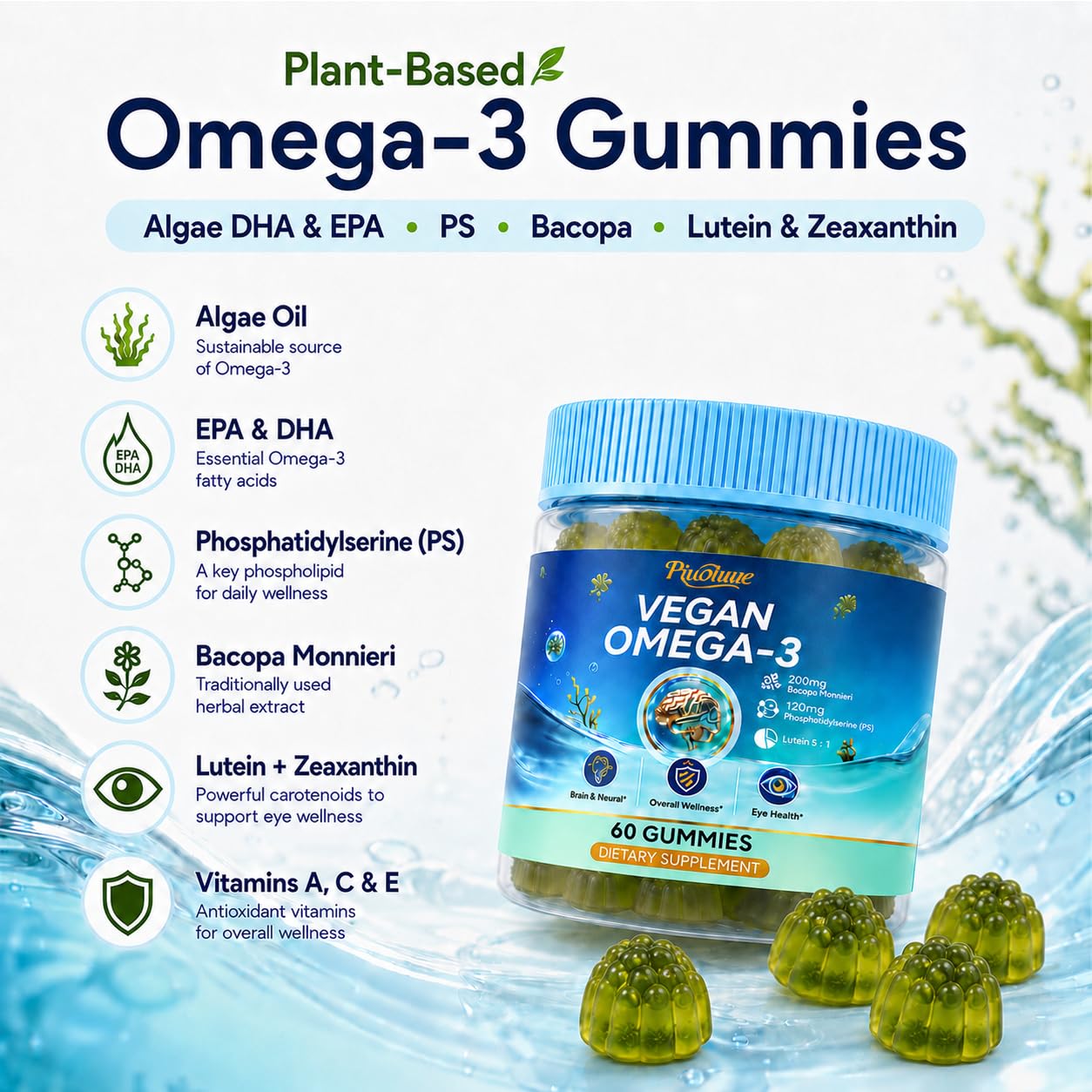 Piuoiuue Vegan Omega-3 Gummies with Algae DHA & EPA, Gummy, 60 Count