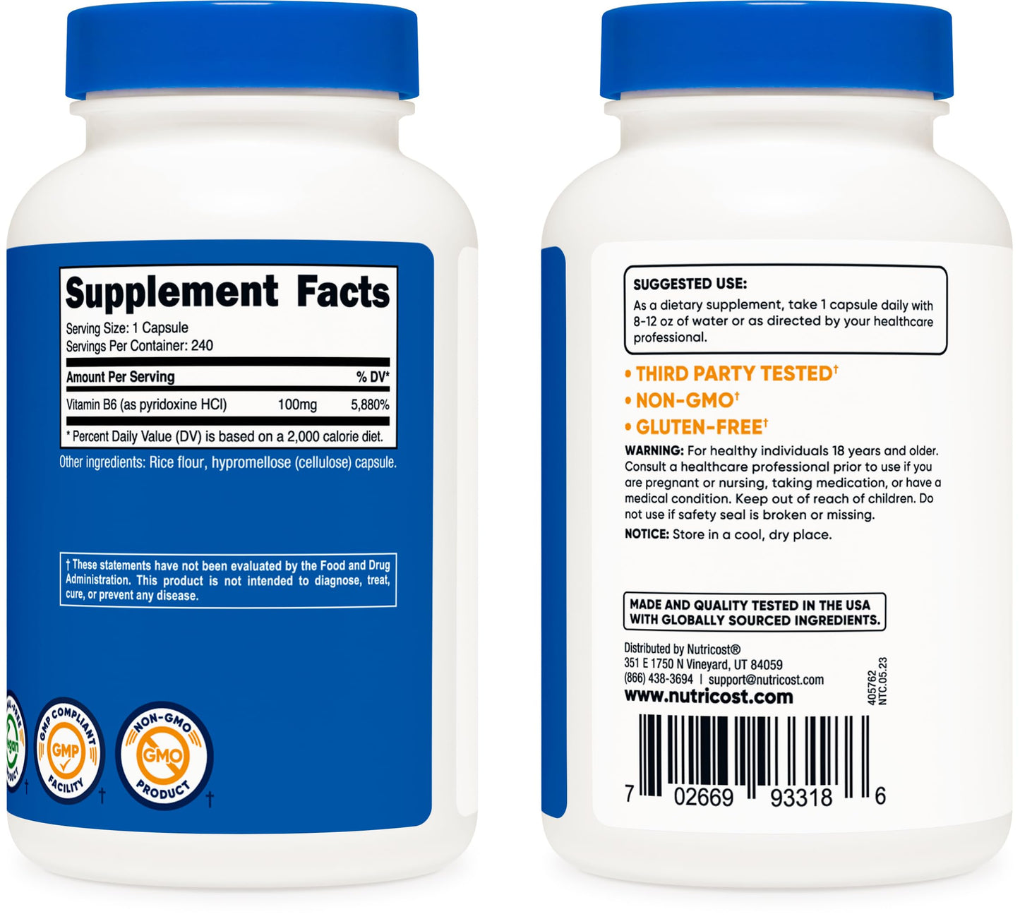 Nutricost Vitamin B6 (Pyridoxine HCl) 100mg Capsules, 3 Bottles