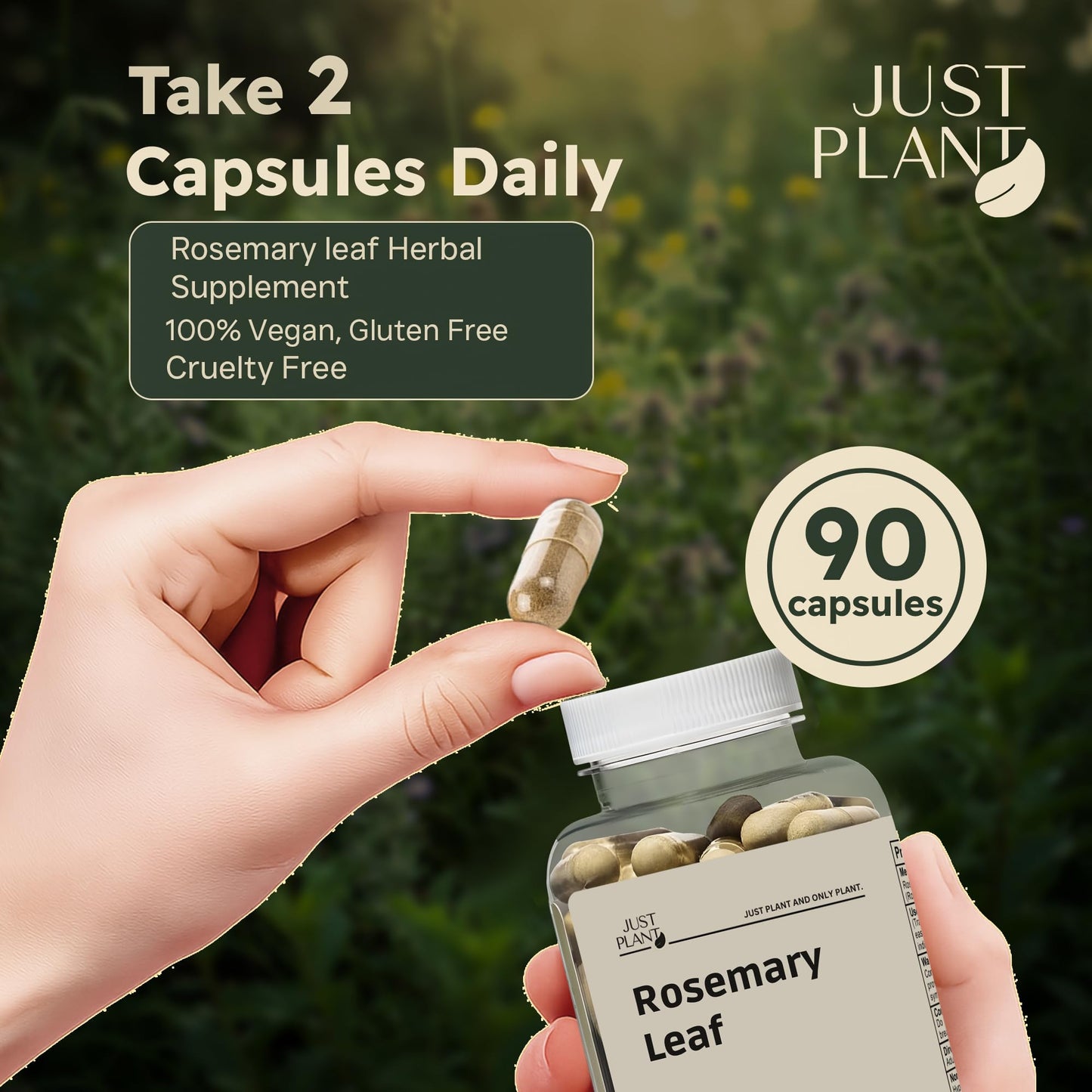 Just Plant Organic Rosemary Leaf Capsules 500mg, 90 Count