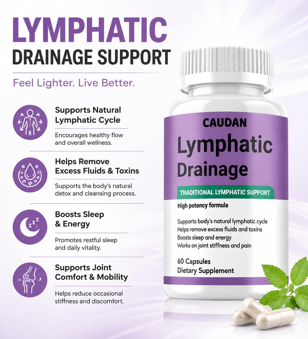 CAUDAN Lymphatic Drainage Supplement Capsules, 60 Count