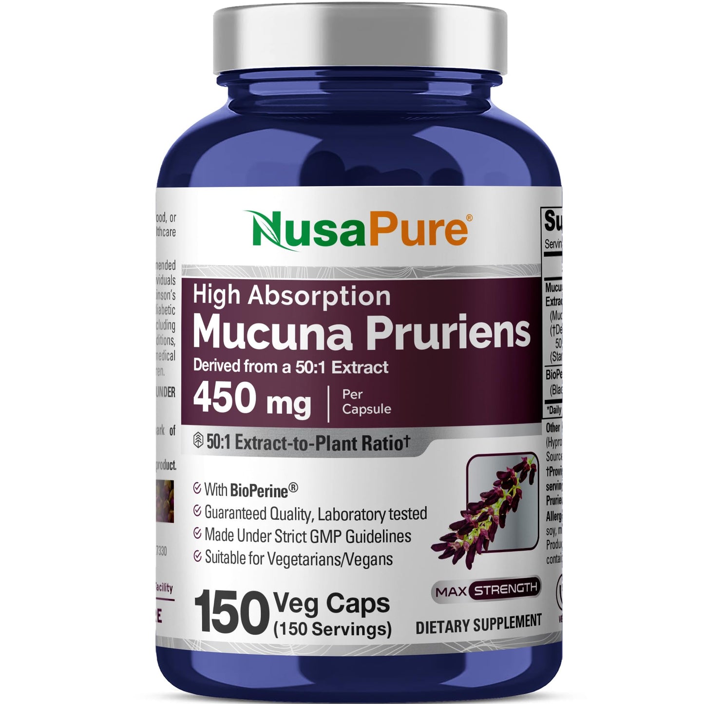 NusaPure Mucuna Pruriens 450mg Capsules, 150 Count